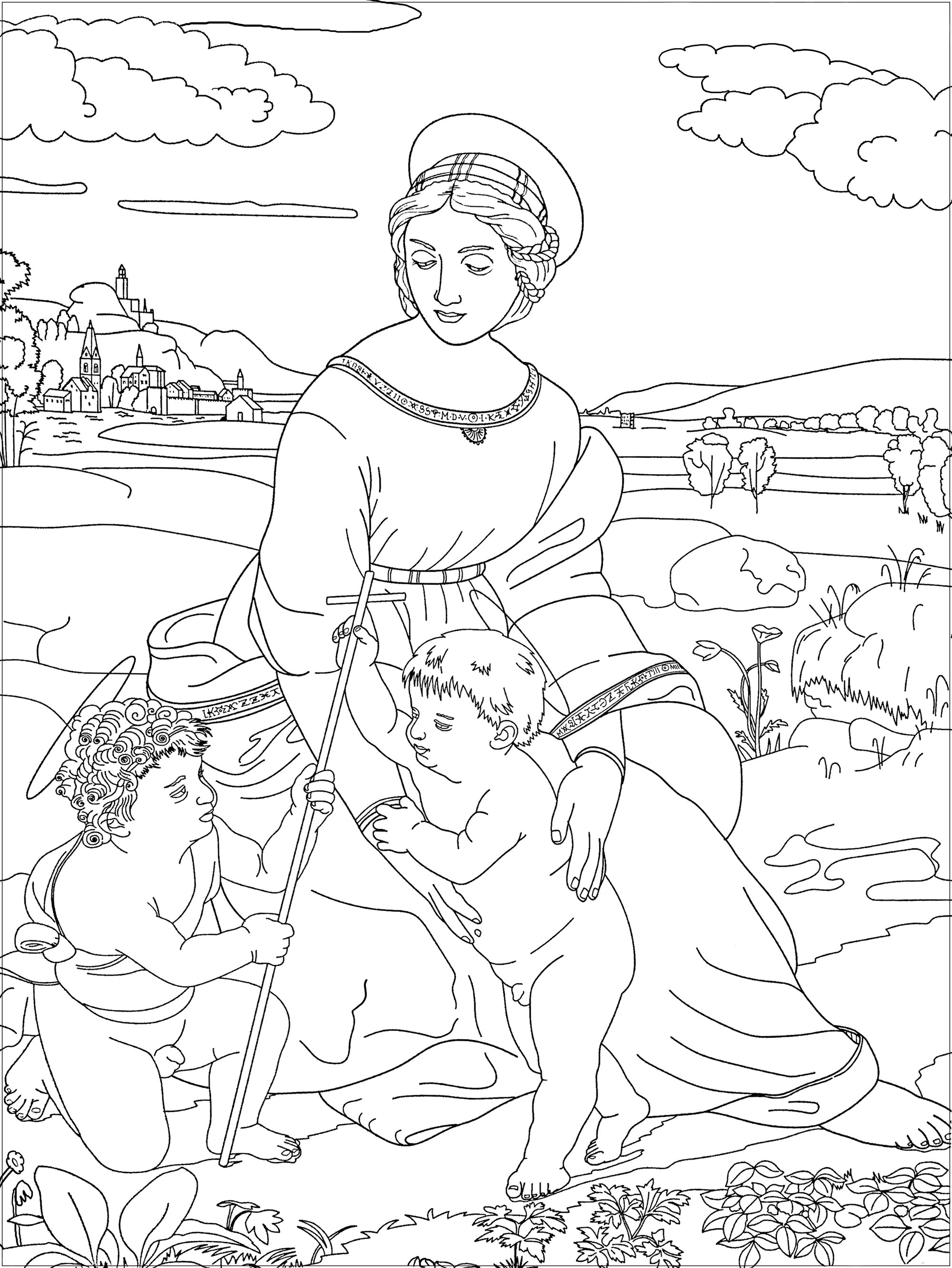 Página para colorear inspirada en una obra de Raphaël : Madonna de la Pradera