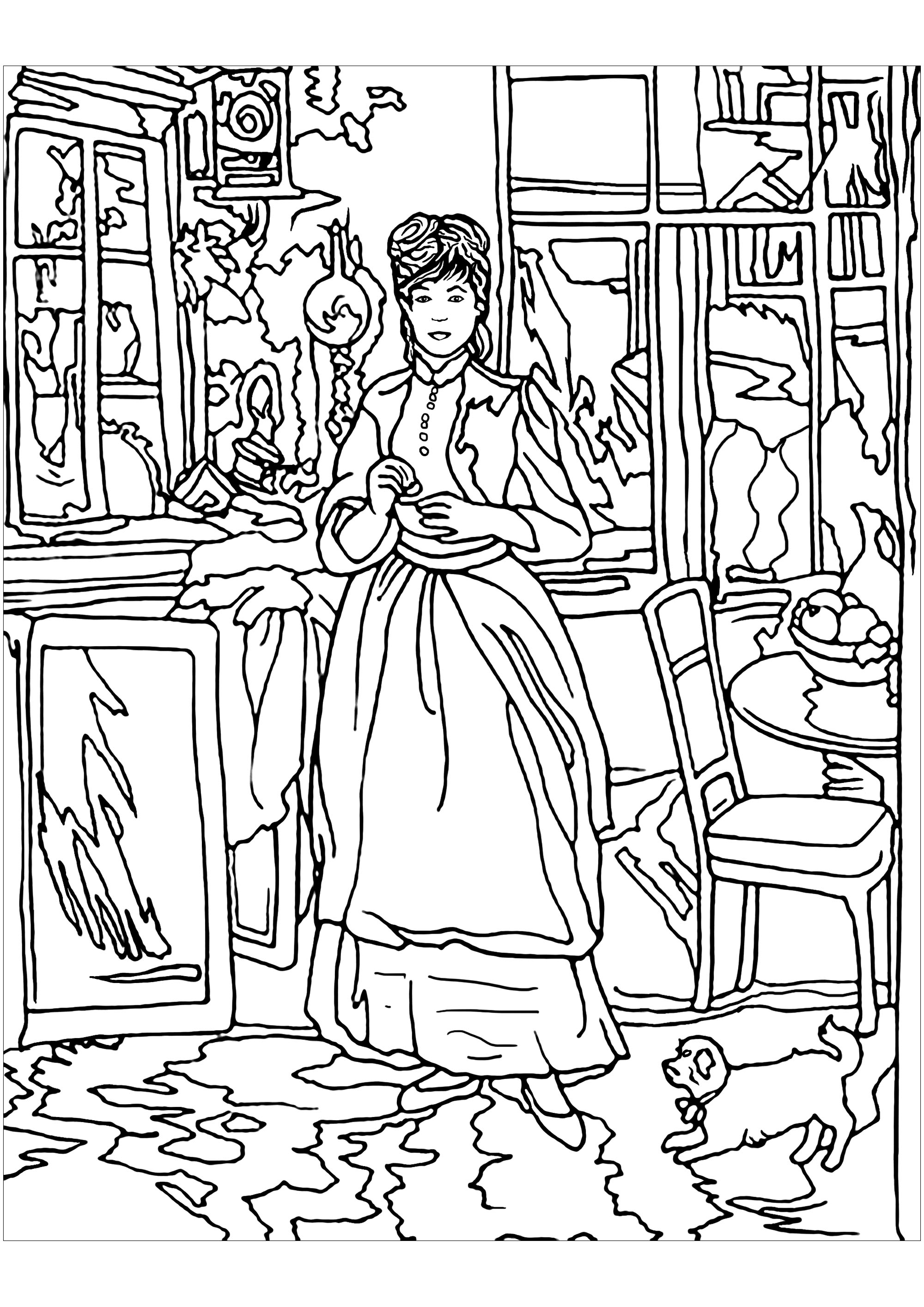Página para colorear inspirada en una obra de la pintora impresionista Berthe Morisot : En el comedor. Los cuadros de Morisot revelan aspectos de la vida femenina de finales del siglo XIX, incluso momentos privados e íntimos generalmente vedados a sus homólogos masculinos.