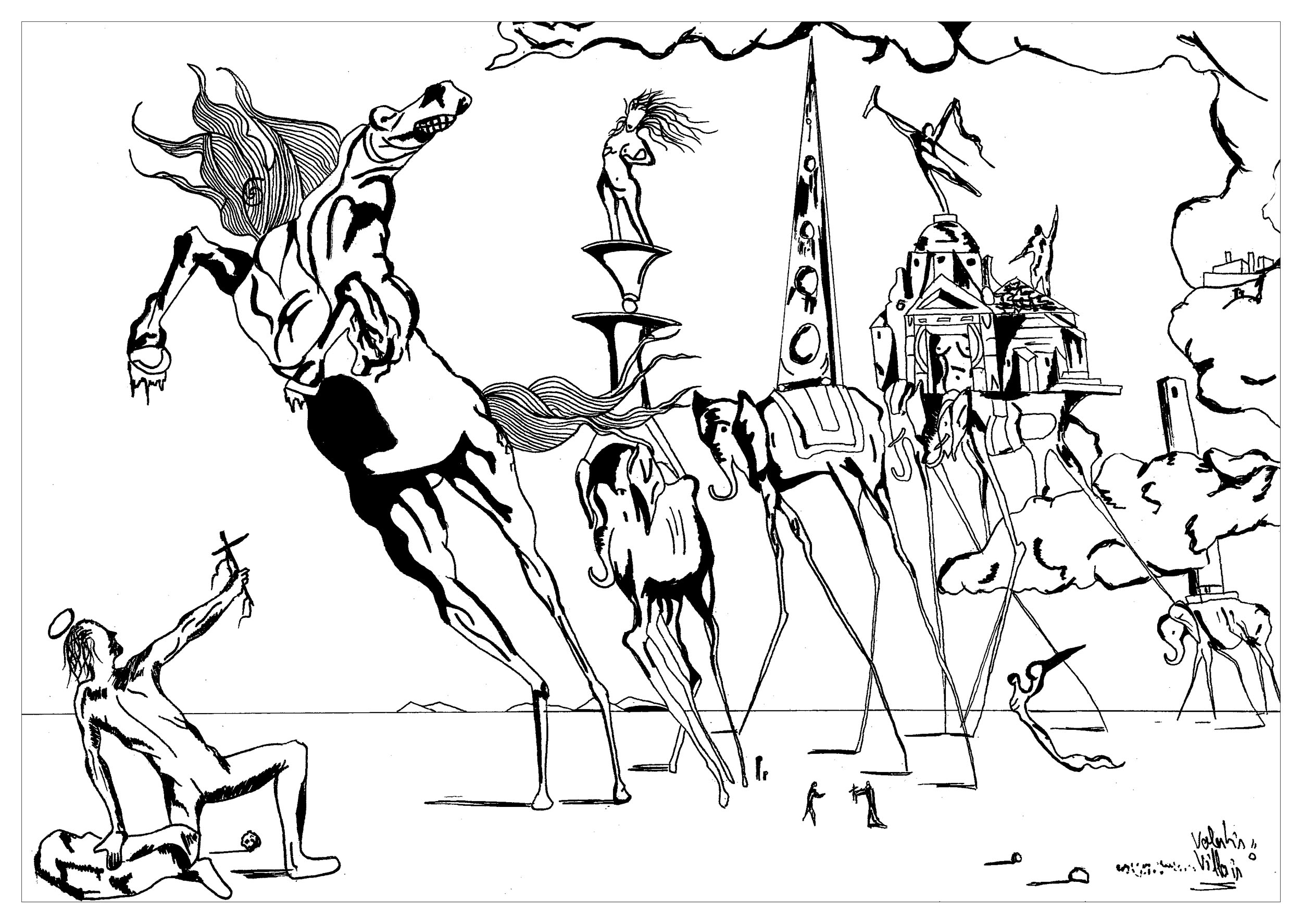 Página para colorear inspirada en el cuadro La tentación de San Antonio de Salvador Dalí