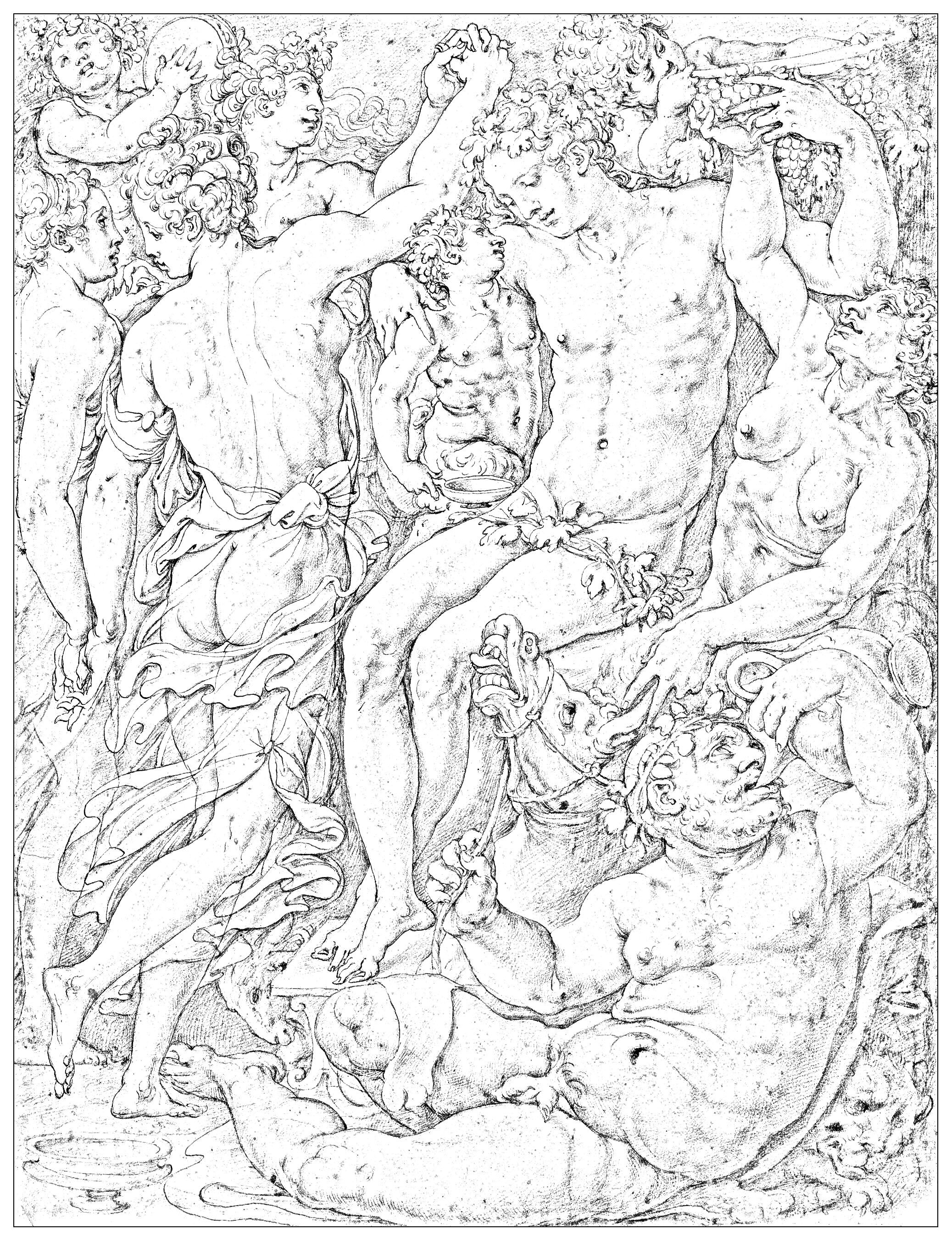 Un dibujo de Giorgio Vasari (1511 - 1574): 'Bacanal: Baco, Sileno, Faunos y Ménades'. Cuadro expuesto en el Museo del Louvre (véase original)