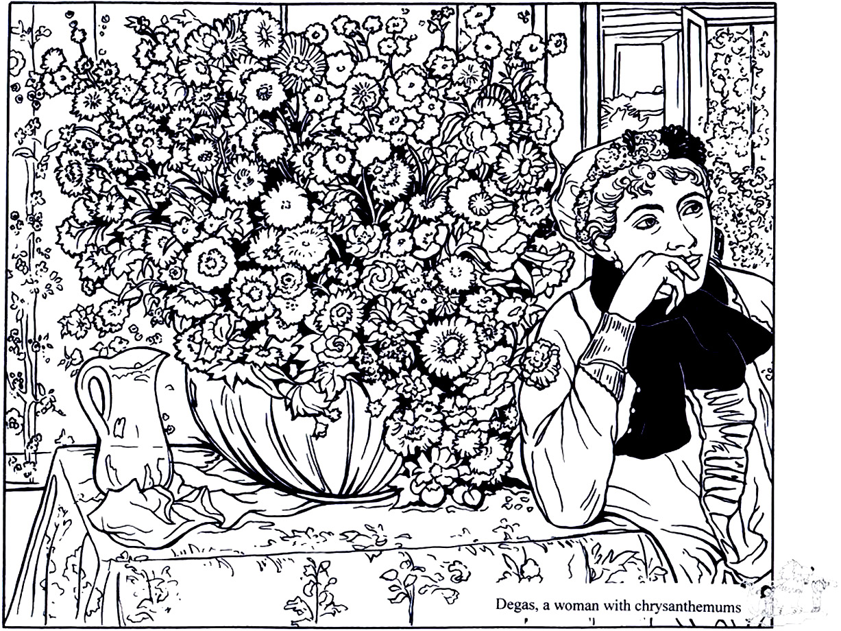 Página para colorear creada a partir de 'Mujer con crisantemos' de Edgar Degas