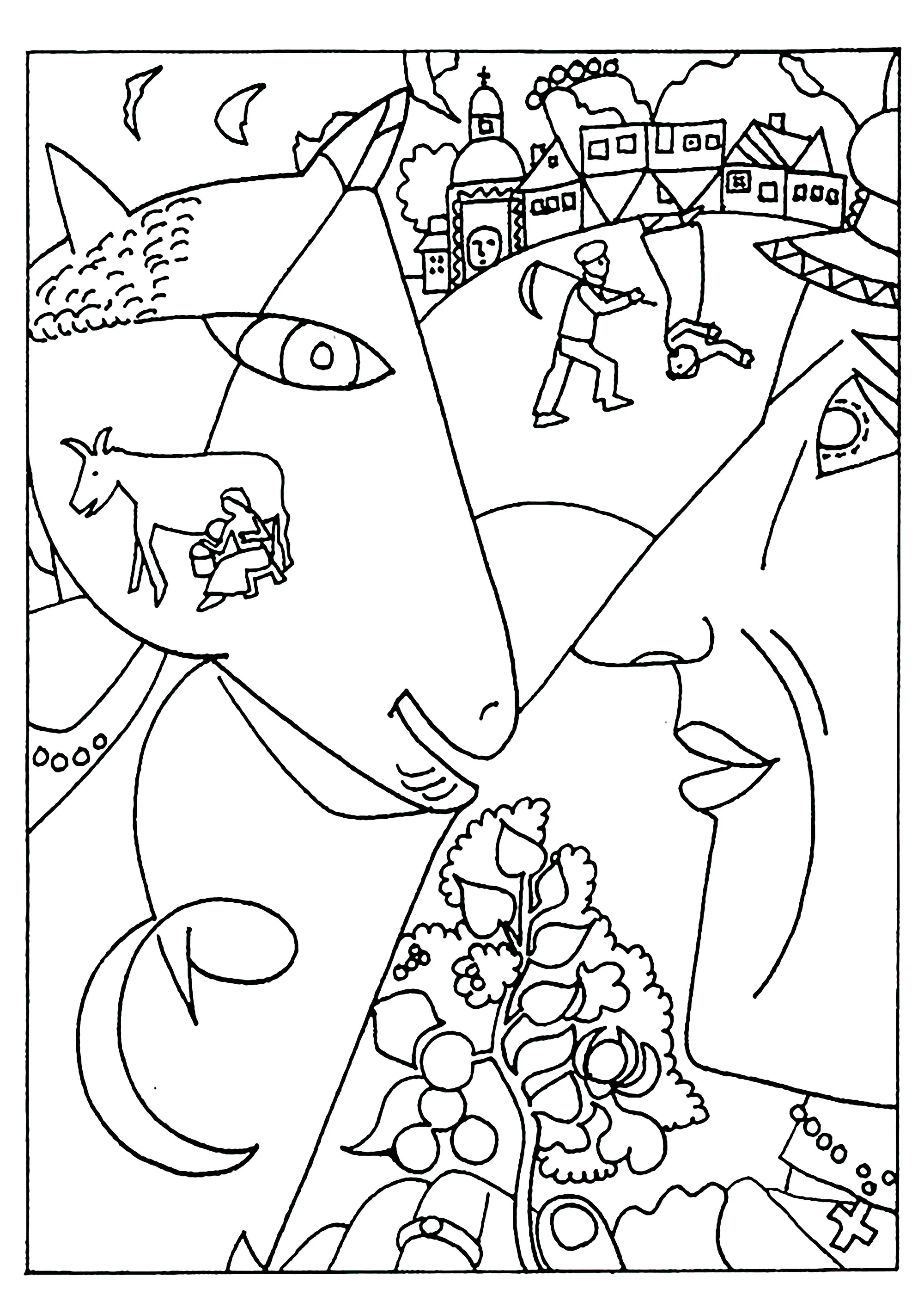 Marc Chagall - Yo y el pueblo (1911) (Página de Obra de arte para imprimir para adultos)