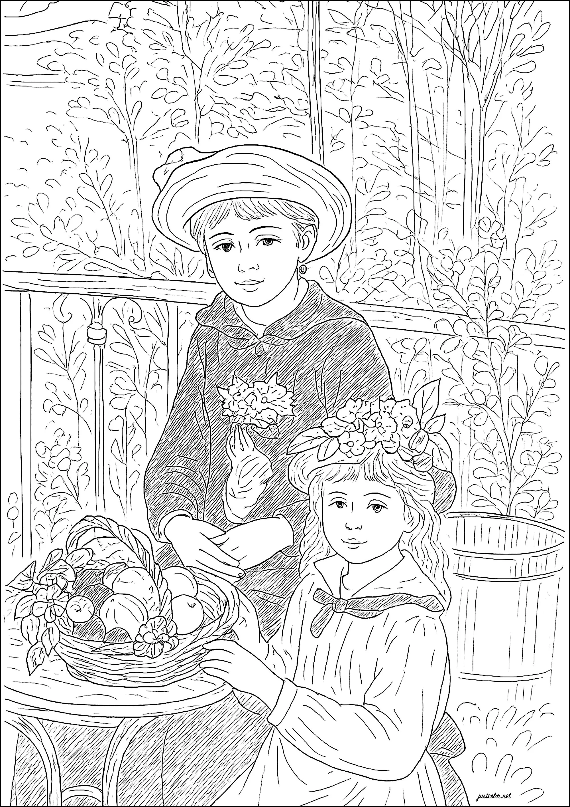 Dos hermanas (En la terraza) - Pierre-Auguste Renoir (1881) (Página de Obra de arte para imprimir para adultos)