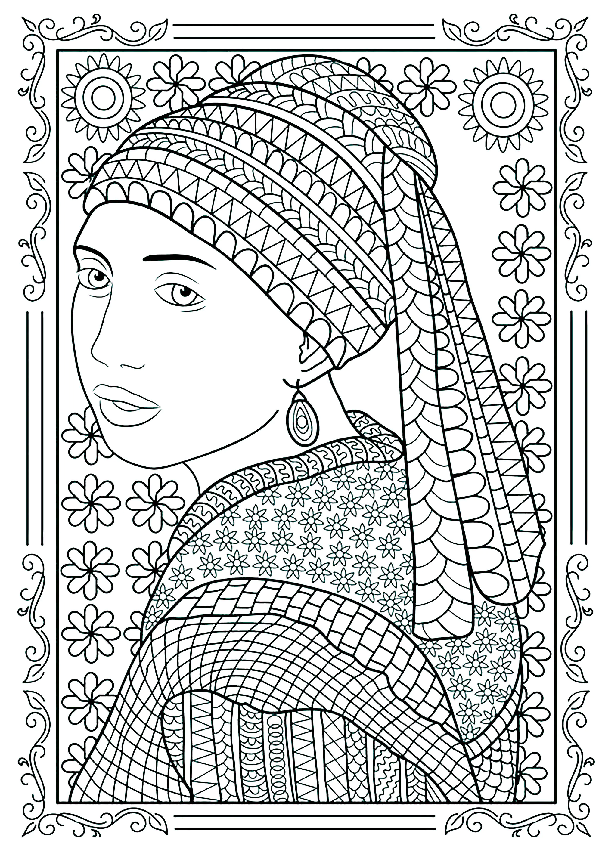 Colorear de La joven de la perla (Página de Obra de arte para imprimir para adultos)