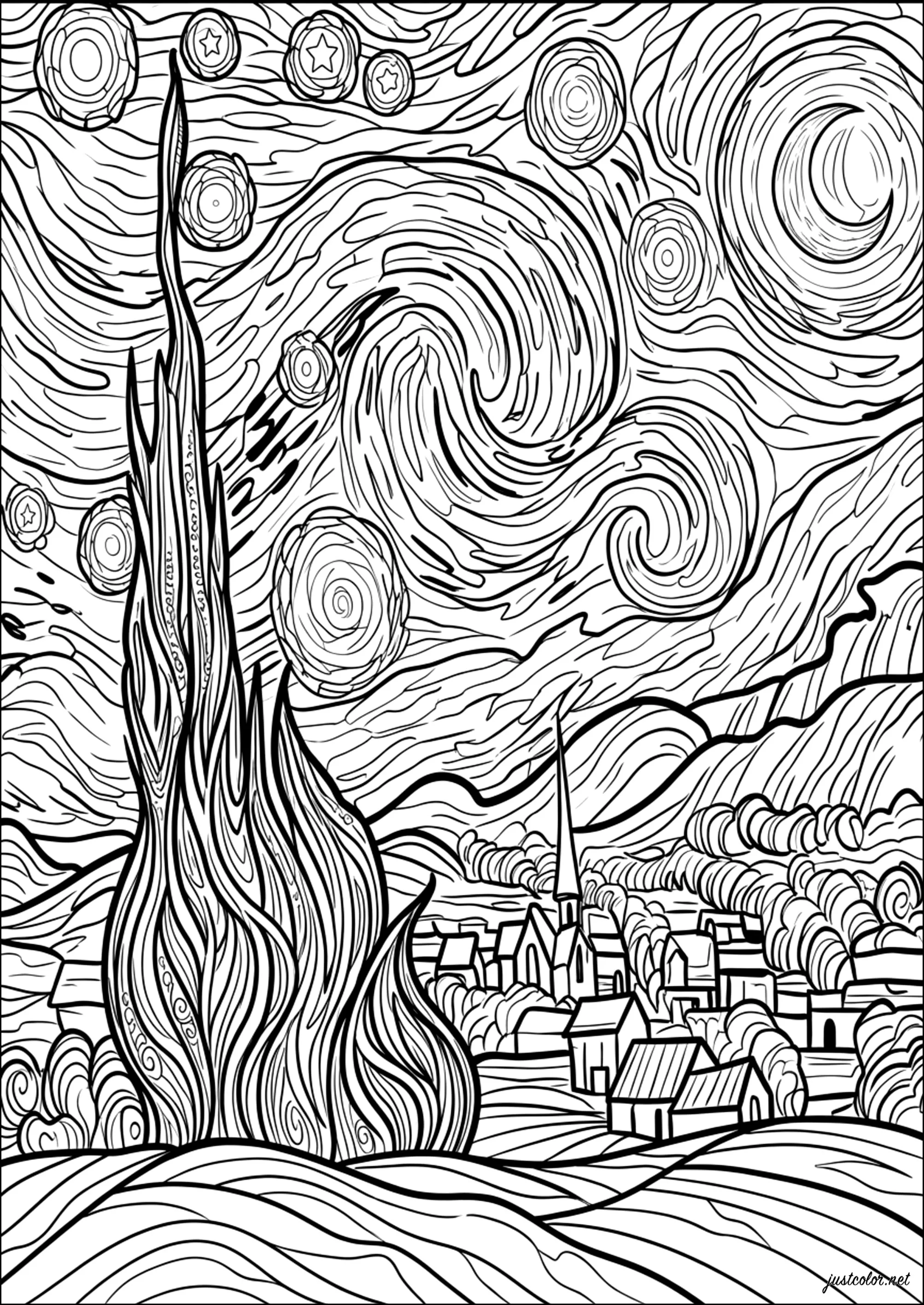 Versión revisada de La noche estrellada de Van Gogh (Página de Obra de arte para imprimir para adultos)