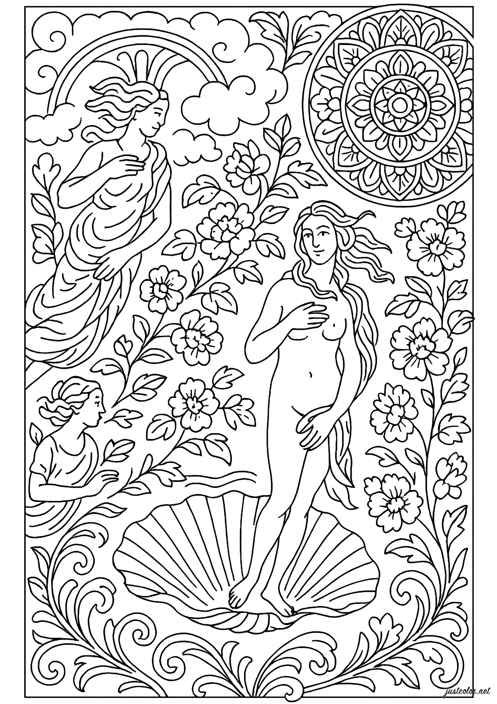 El Nacimiento de Venus (versión simple) - Revisado tras Botticelli (Página de Obra de arte para imprimir para adultos)