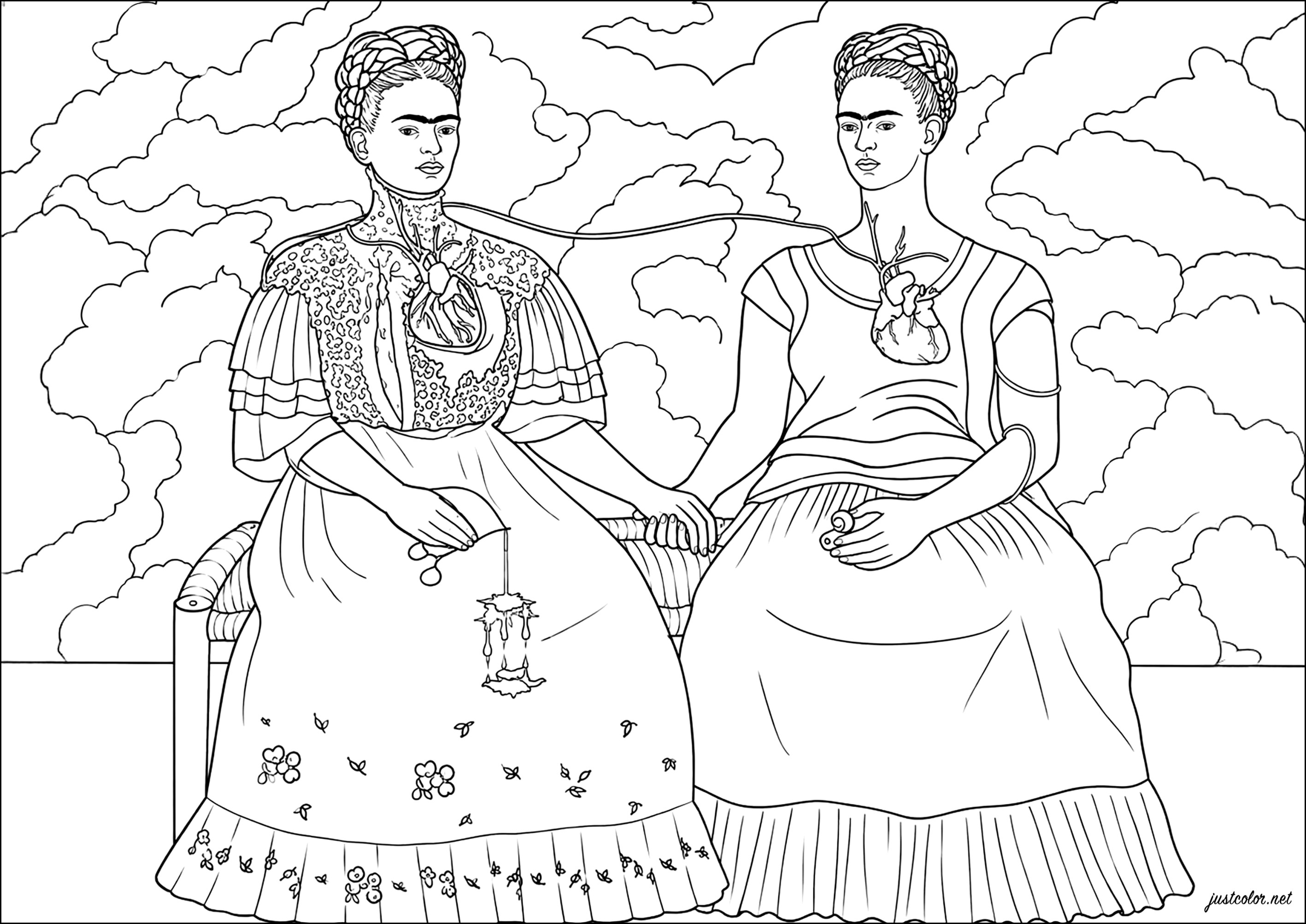 Frida Kahlo - Las dos Fridas (1939) (Página de Obra de arte para imprimir para adultos)