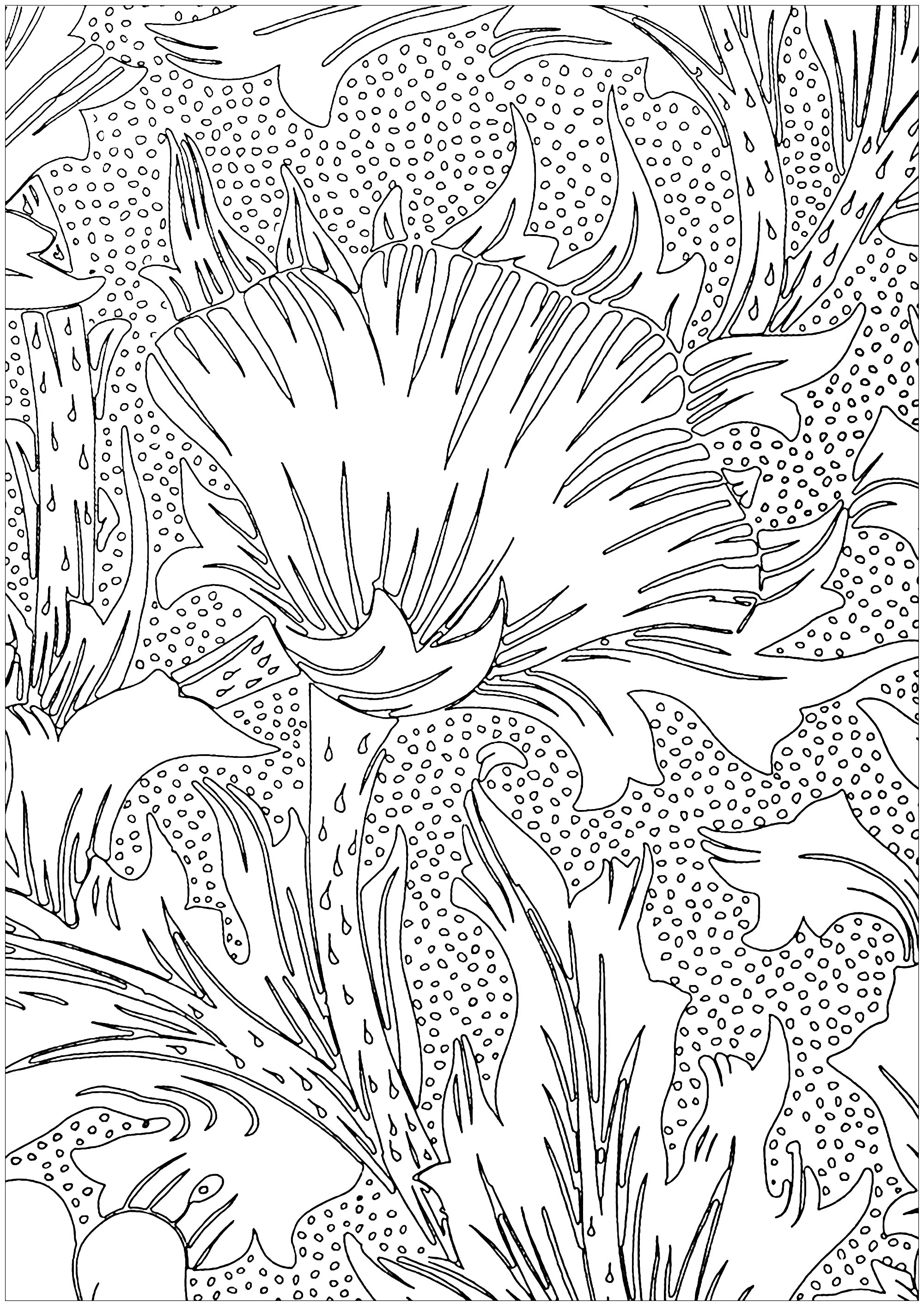 Página para colorear creada a partir de un diseño de Arts & Crafts que representa flores, de May Morris (1885). May Morris (1862 1938), hija menor de William Morris, fue una artista, artesana, diseñadora de bordados, joyera y principal exponente femenina del movimiento británico Arts & Crafts. Especializada en bordados, diseñó algunos de los tejidos más importantes de Morris & Co.