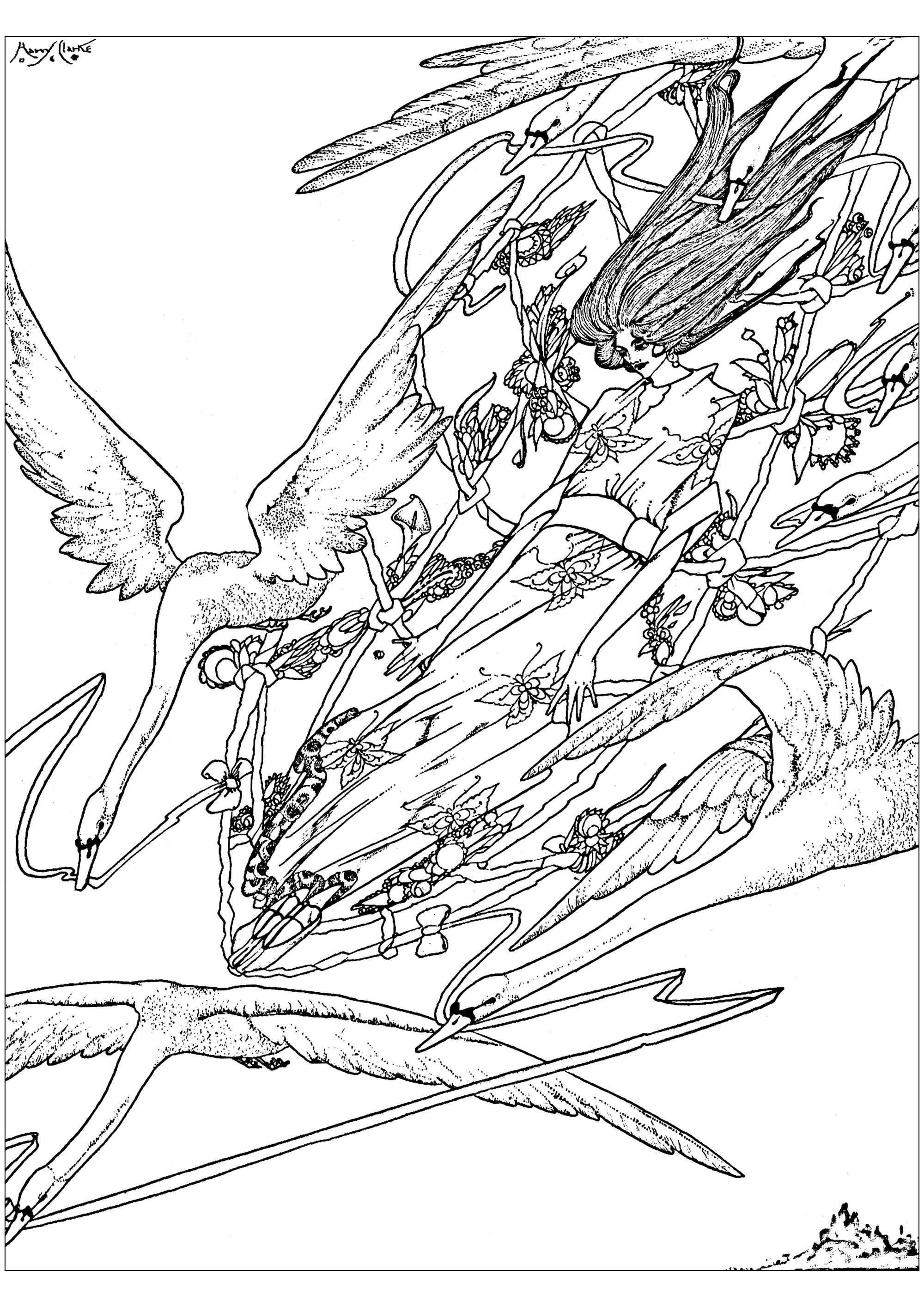 Coloreado creado a partir de una ilustración de 1916 de Harry Clarke, para ilustrar 'Los gansos salvajes', un cuento de hadas de Hans Christian Andersen. Esta obra se inspira en el estilo Arts and Crafts.