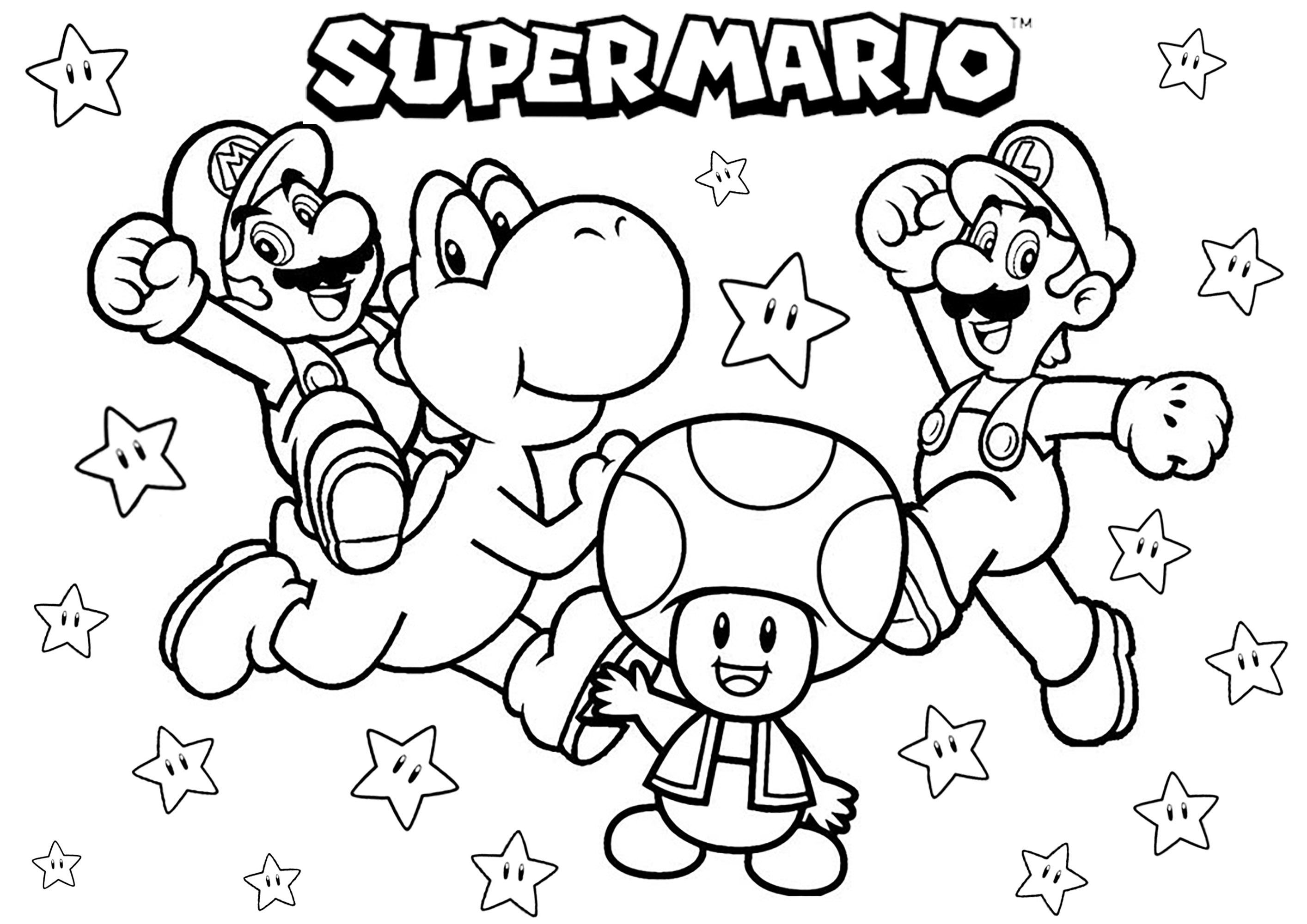 Mario, Luigi, Yoshi y Toad. Recuerda los días en que jugabas a Super Mario en tu consola Nintendo, gracias a esta simpática página para colorear con los hermanos Mario y Luigi, el dinosaurio Yoshi y la seta Toad... ¡sin olvidar un montón de estrellas!