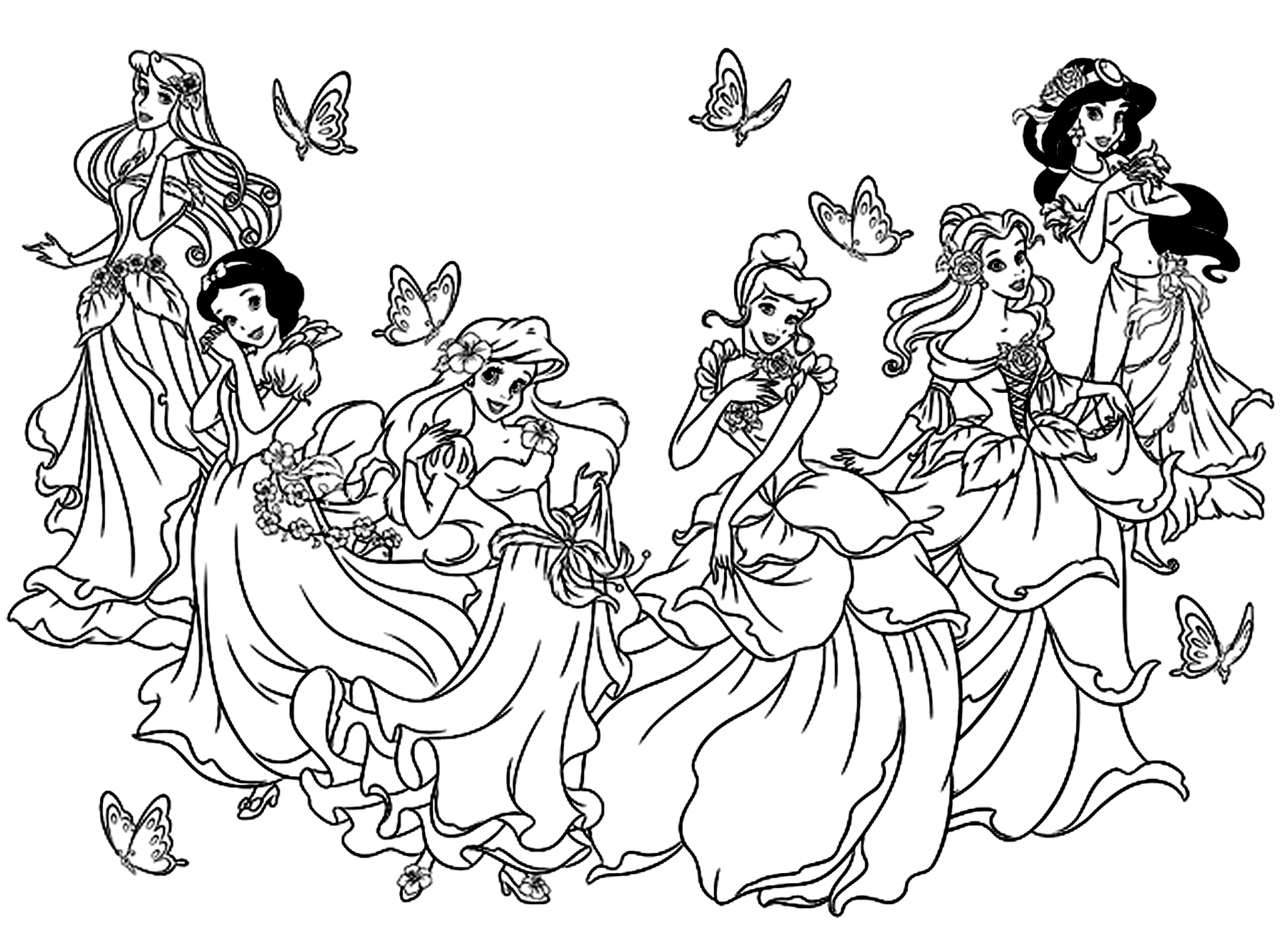 Todas las Princesas Disney en una página para colorear. Blancanieves, Cenicienta, Aurora (La Bella Durmiente), Ariel (La Sirenita), Bella (La Bella y la Bestia) , Jasmine (Aladino).Estas princesas no aparecen en este dibujo: Pocahontas y Mulán.