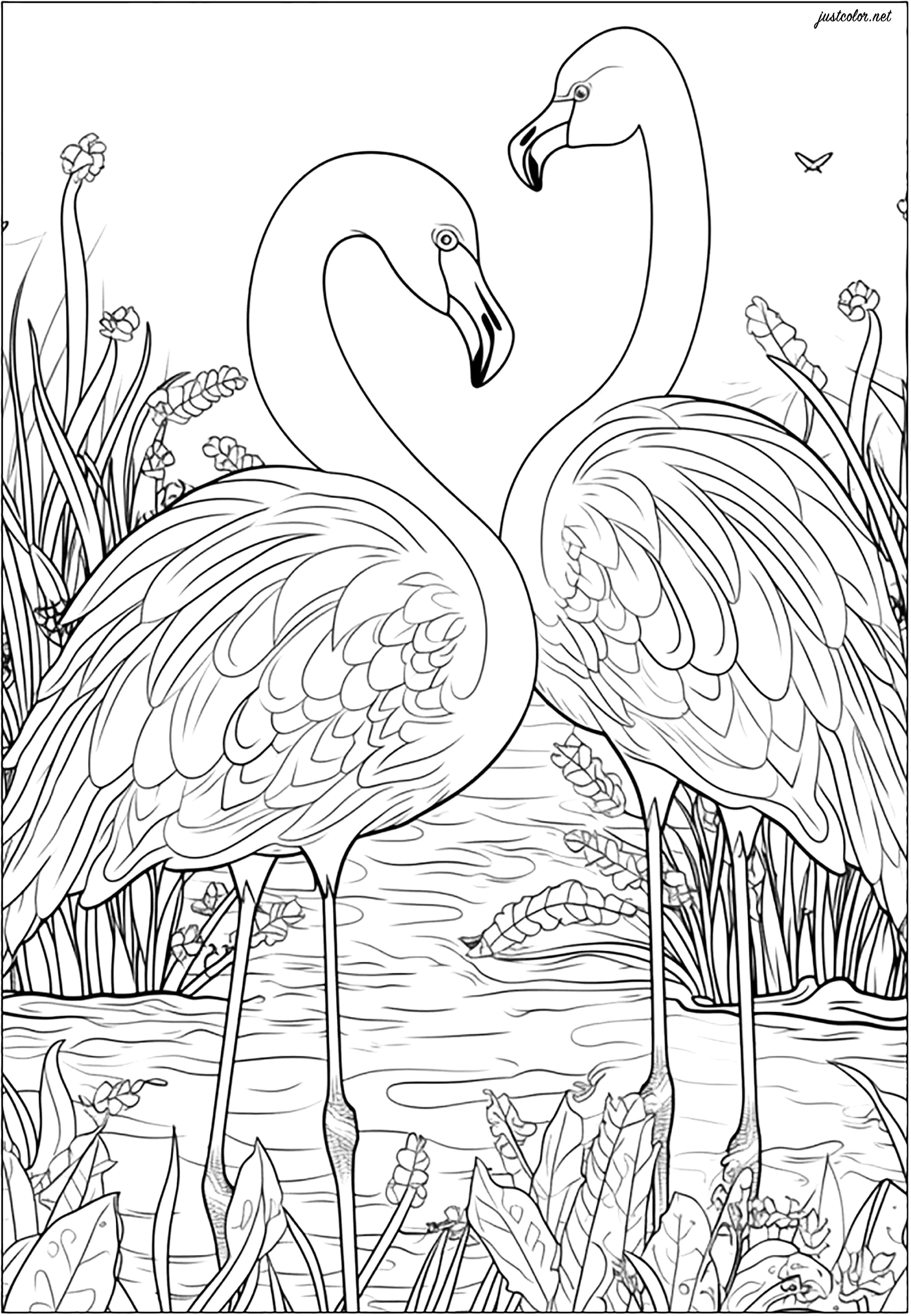 Dos bonitos flamencos rosas en un río (Página de Aves para imprimir para adultos)