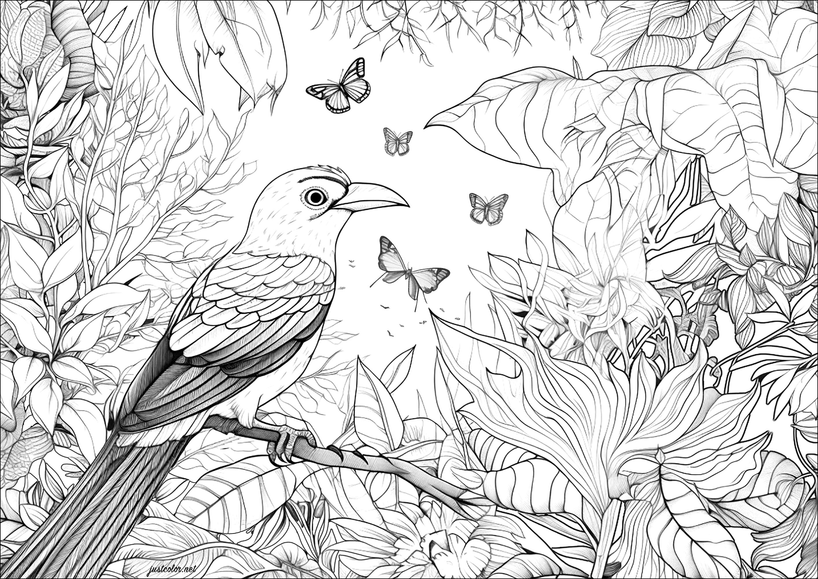 Aves y mariposas tropicales. Una página para colorear llena de bonitos detalles