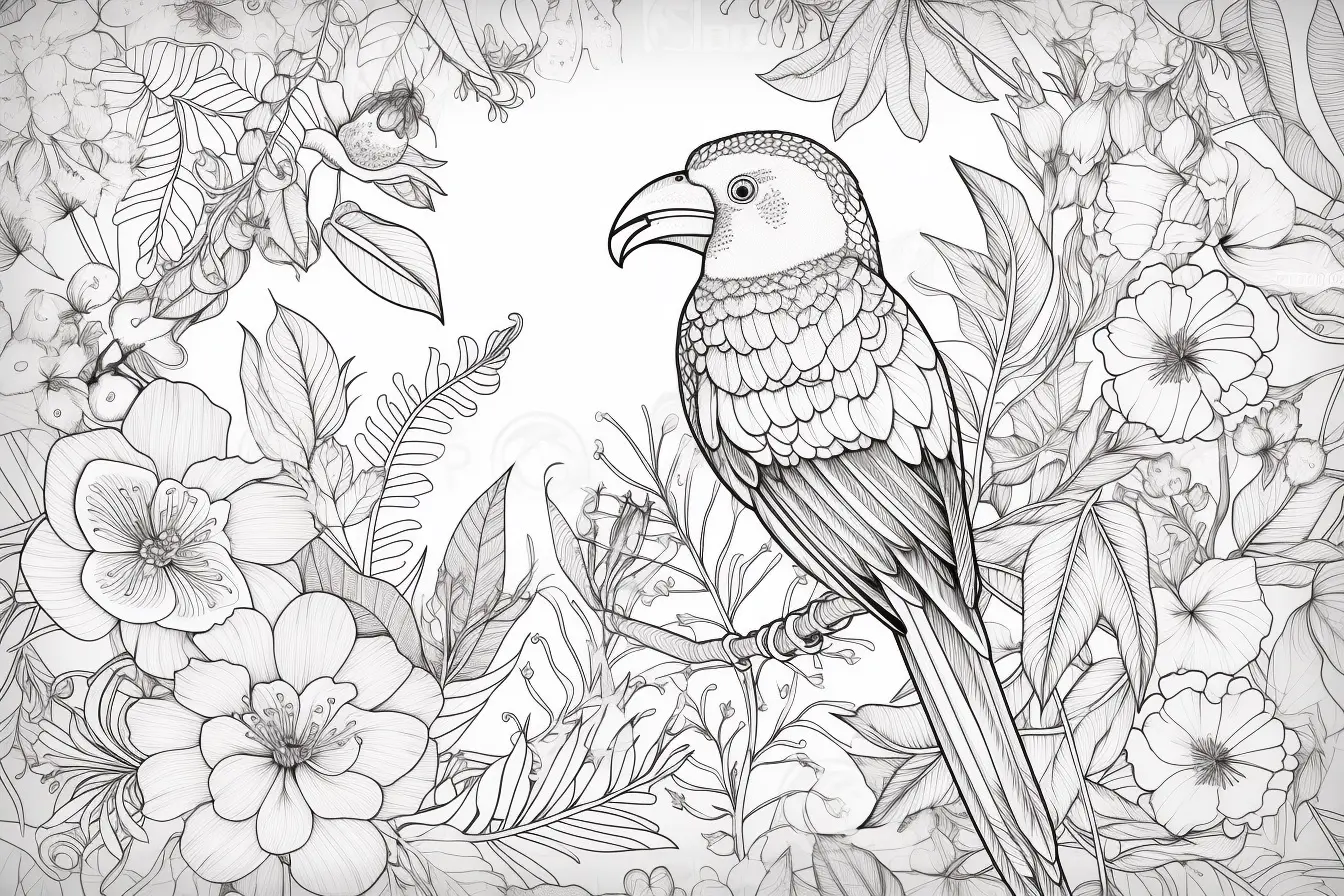 Pájaro y flores tropicales (Página de Aves para imprimir para adultos)