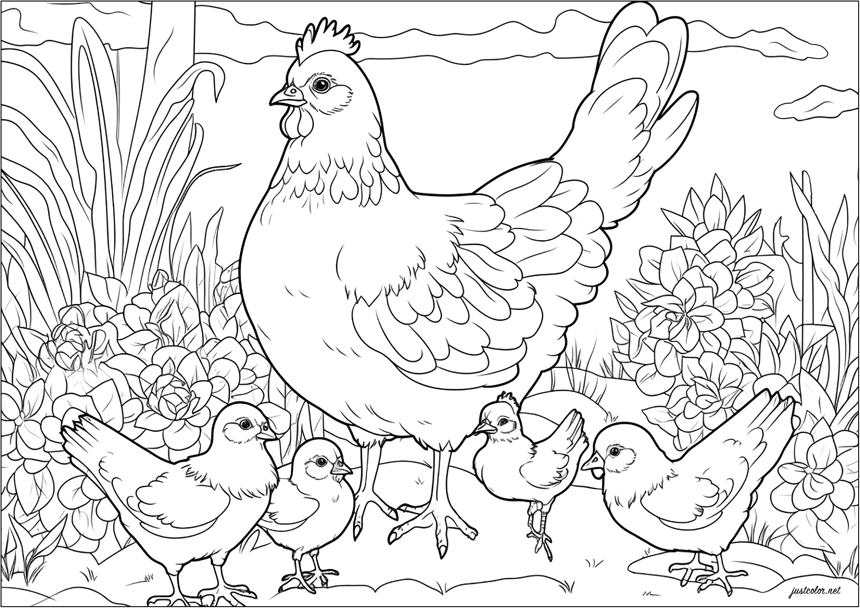 Colorear una gallina y sus polluelos. Esta gallina protege con orgullo a sus crías.Hermosa vegetación en el fondo para colorear también.