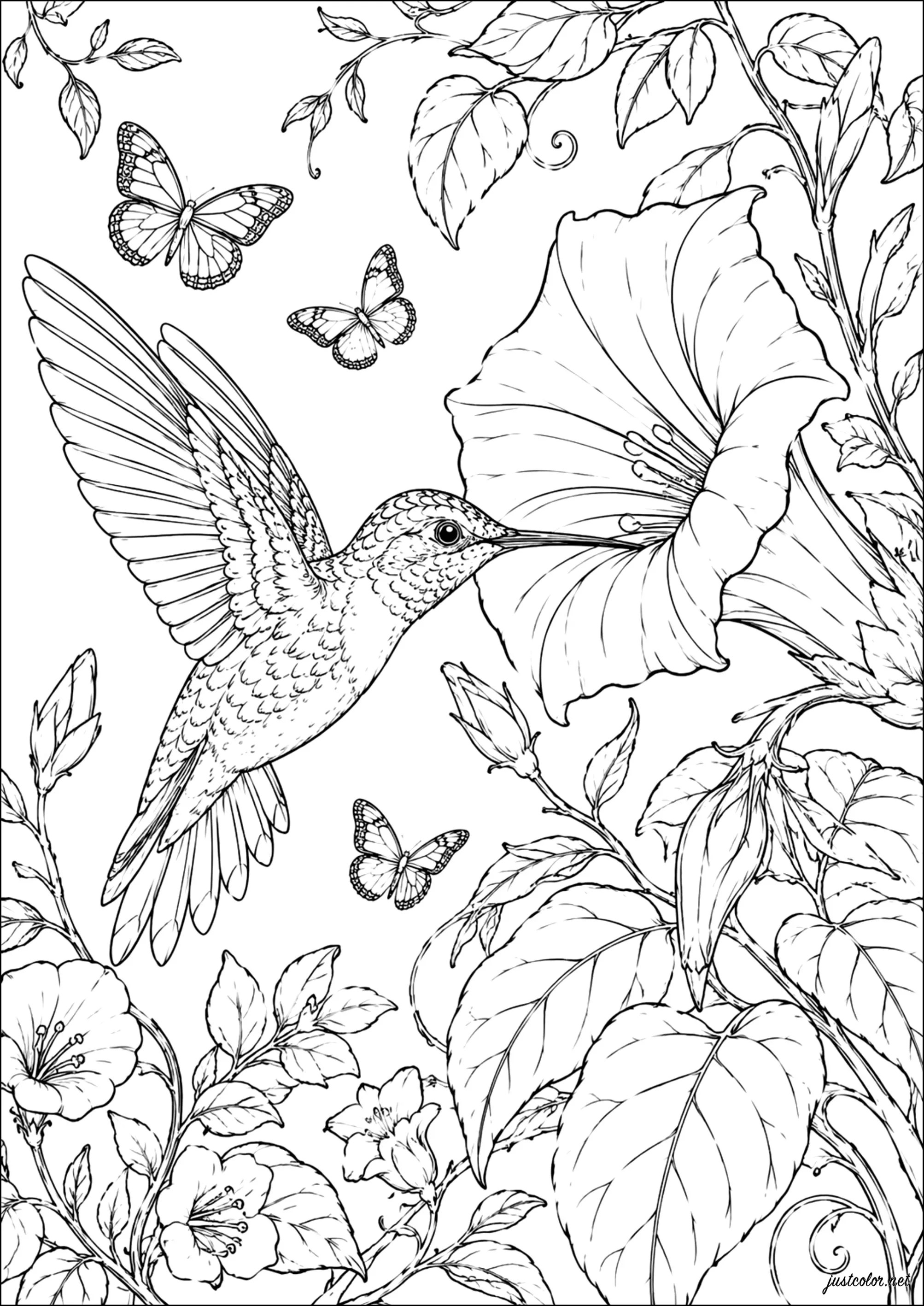 Colibrí bebiendo de una flor (Página de Aves para imprimir para adultos)