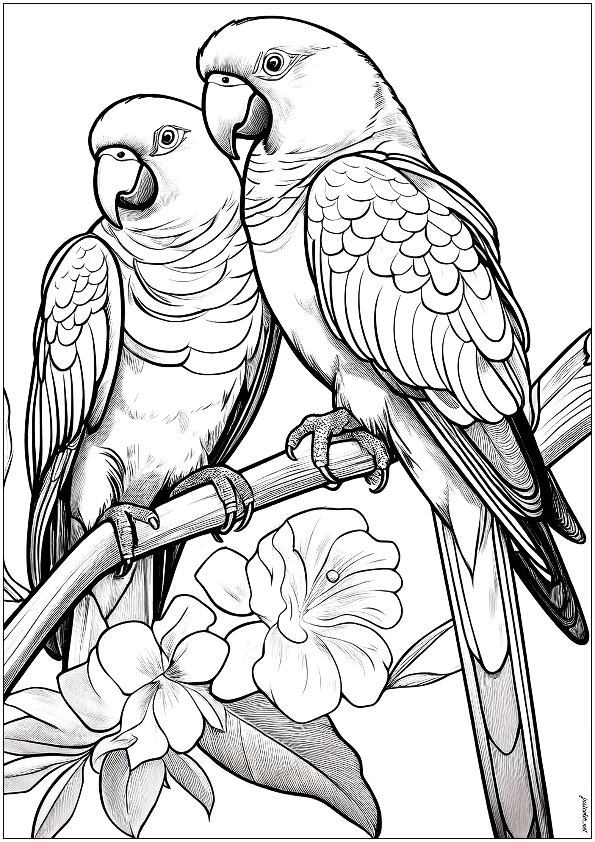 Dos loros en una rama (Página de Aves para imprimir para adultos)