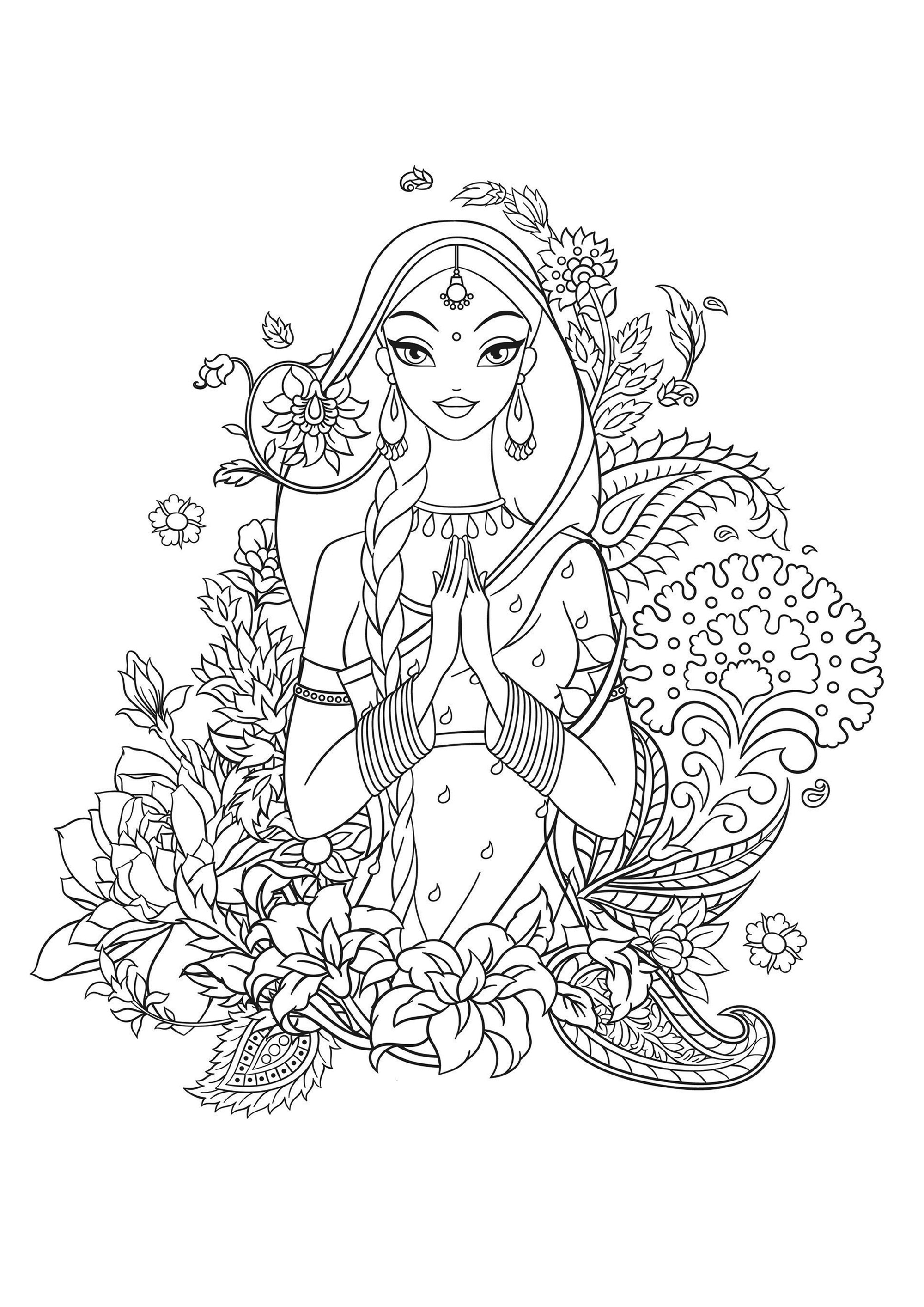 Chica india en sari rodeada de flores y adornos tradicionales indios, Origen : 123rf   Artista : Maia3000