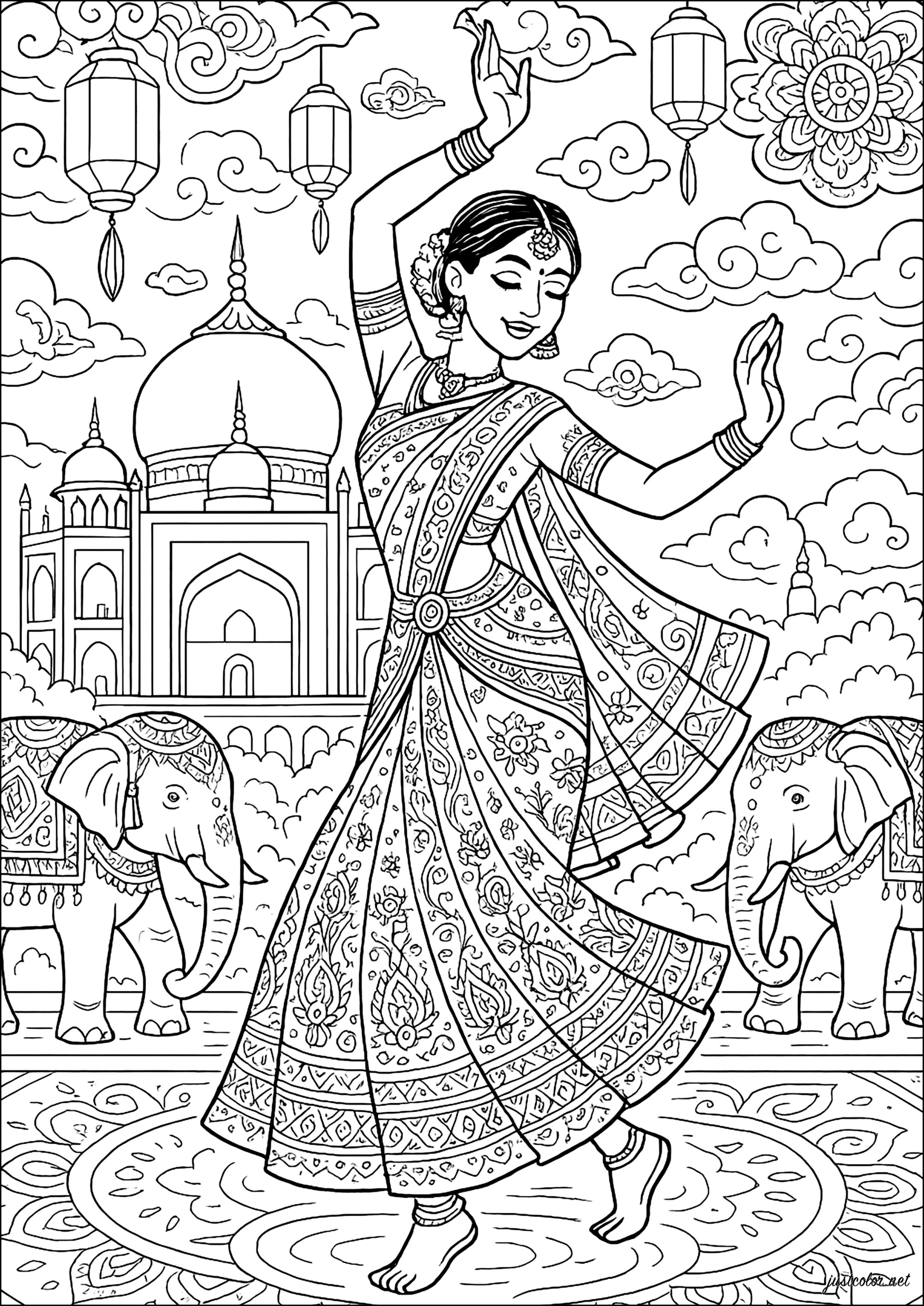 Bailarina Grácil en Palacio Majestuoso (Página de India y Bollywood para imprimir para adultos)