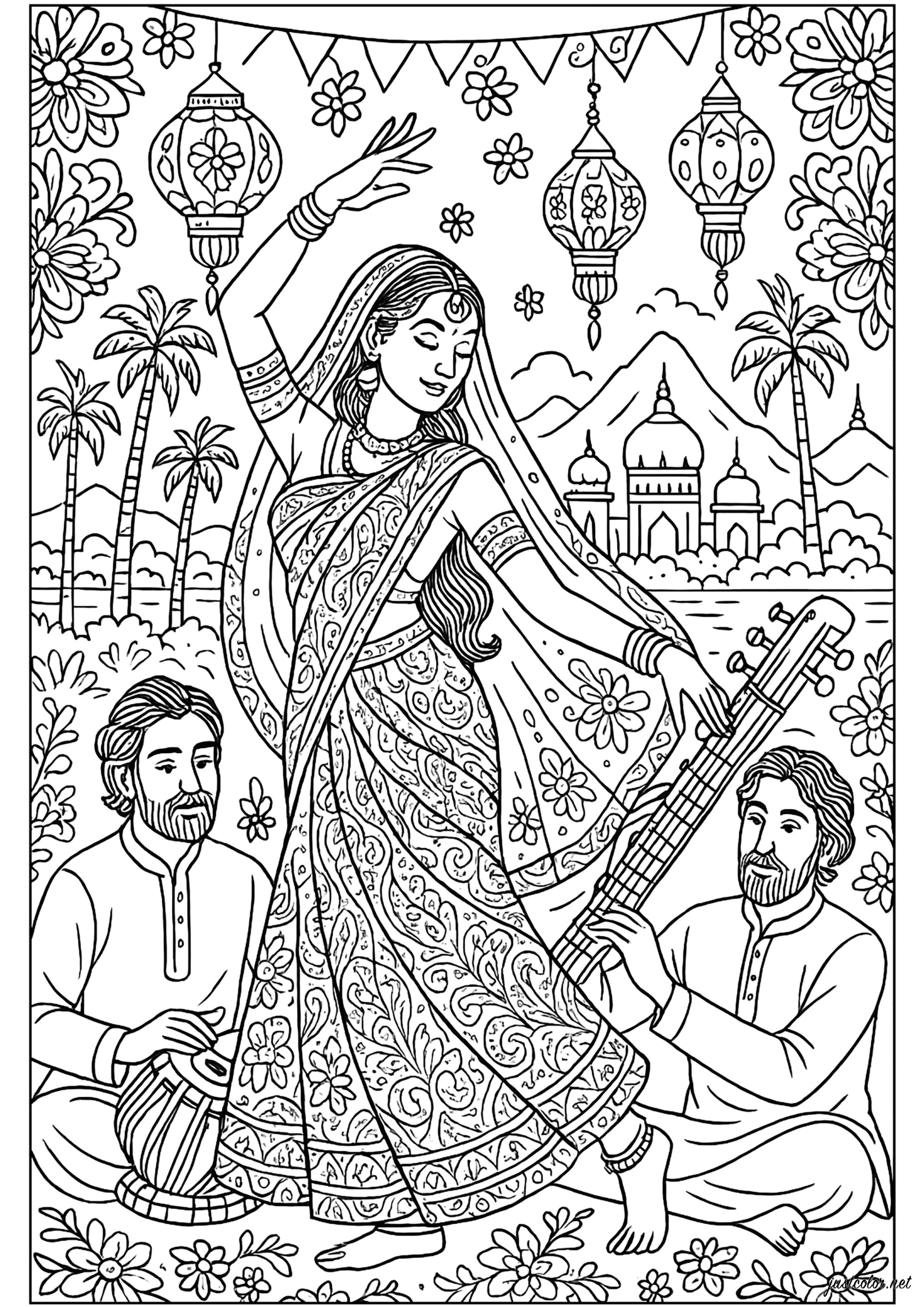 Bollywood baila al ritmo de la música (Página de India y Bollywood para imprimir para adultos)