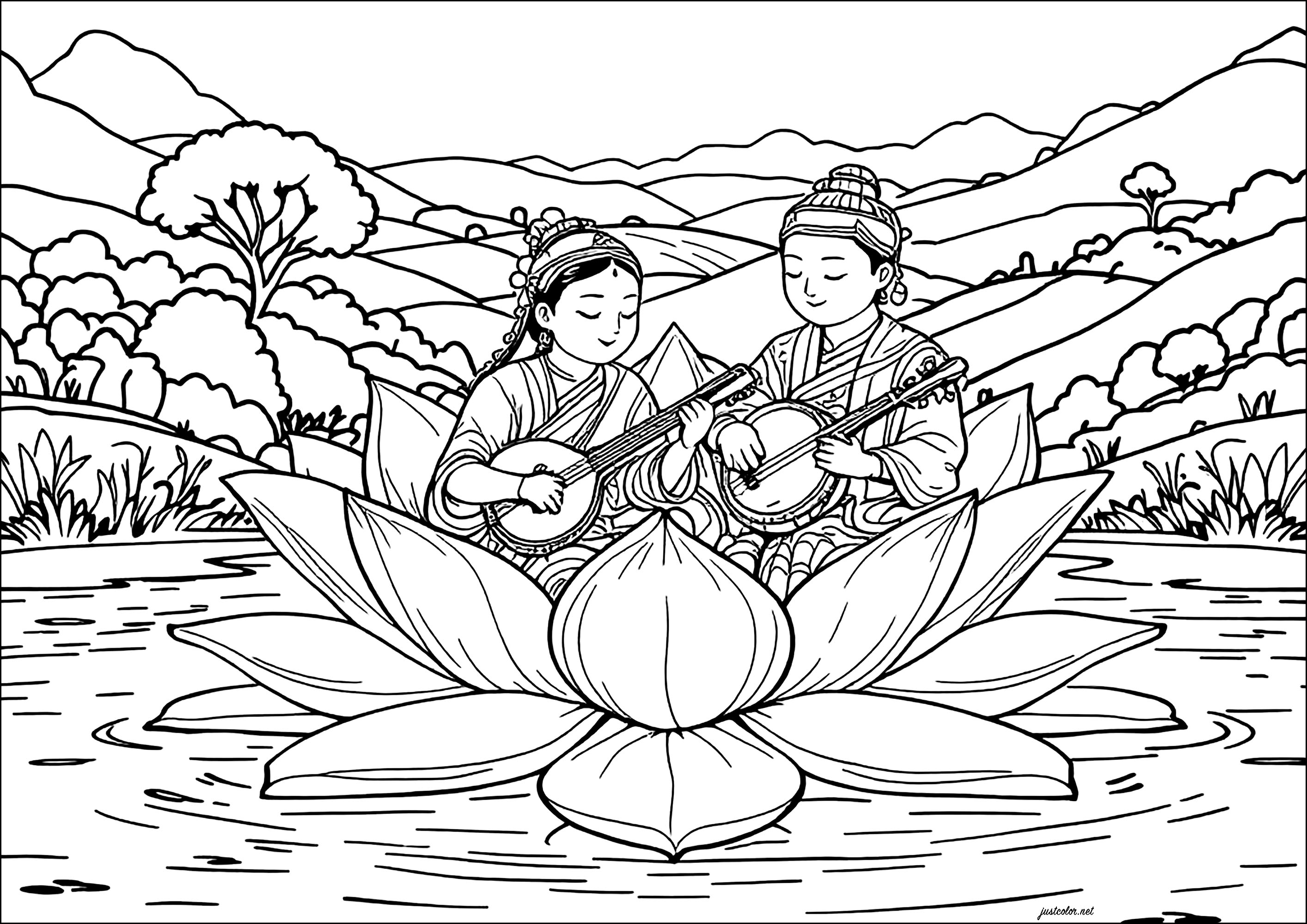 Músicos en flores de loto (Página de India y Bollywood para imprimir para adultos)