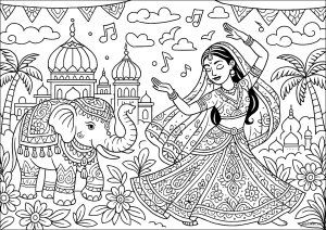Bailarina y Elefante de Fiesta (Página de India y Bollywood  para imprimir)