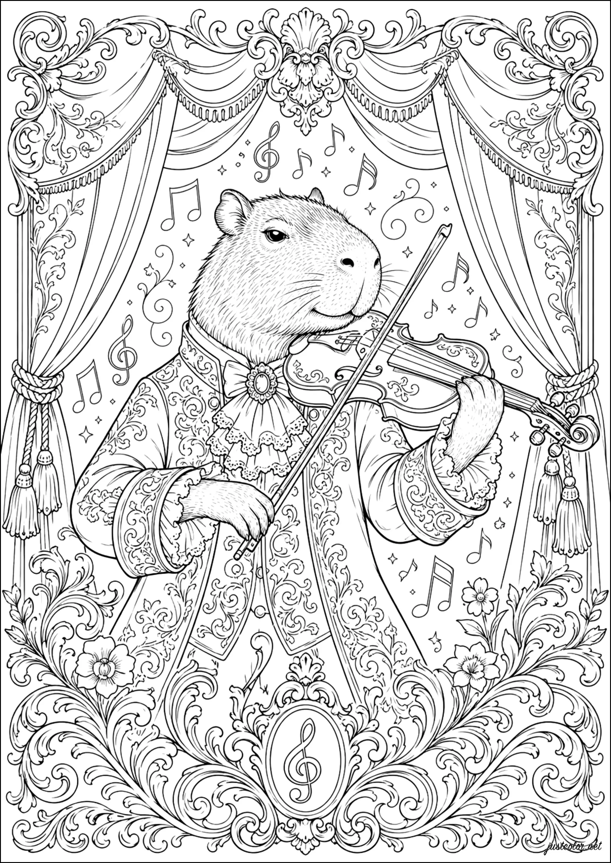 Capibara tocando el violín en el escenario (Página de Capybara para imprimir para adultos)