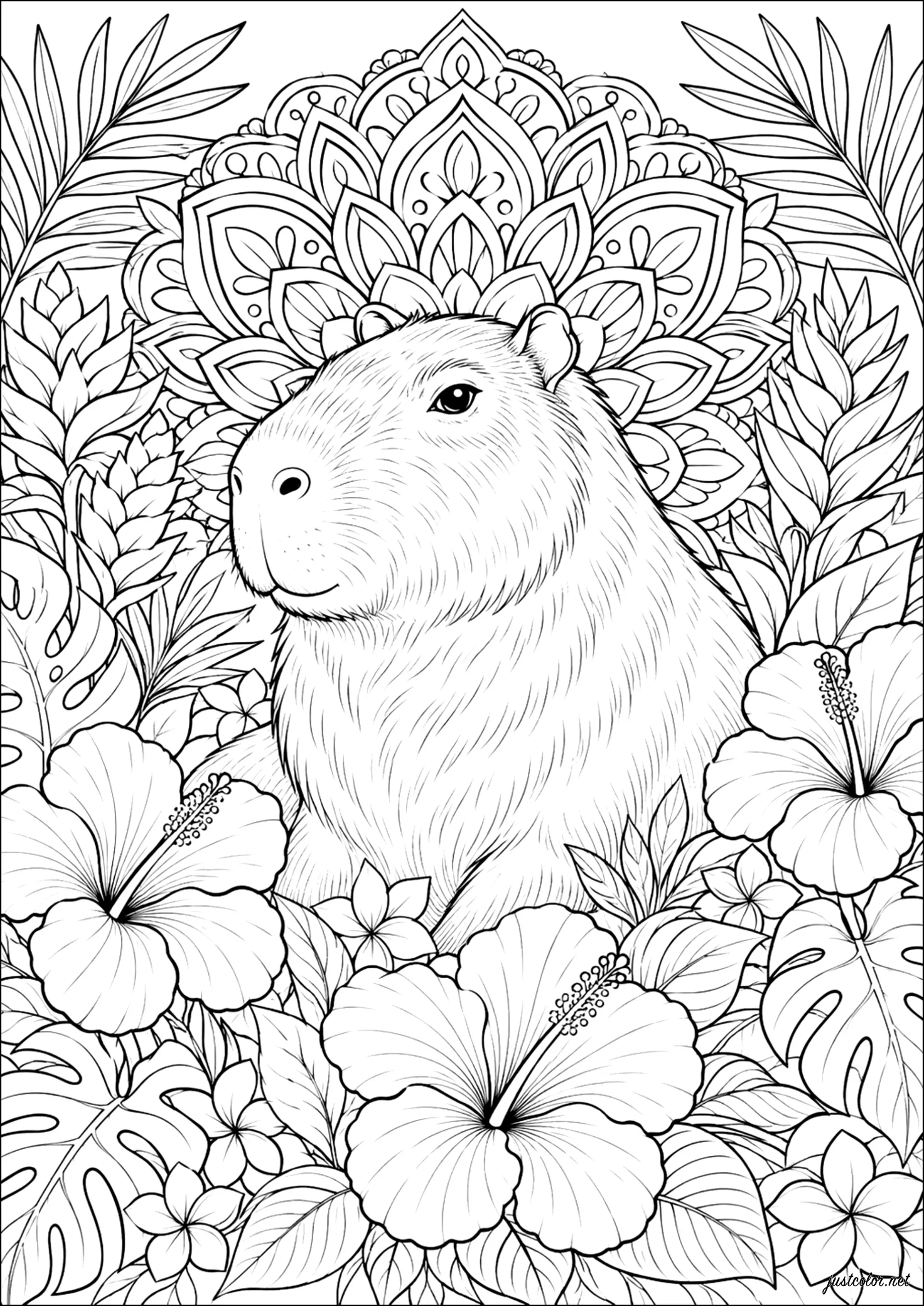 Capibara rodeado de flores tropicales (Página de Capybara para imprimir para adultos)
