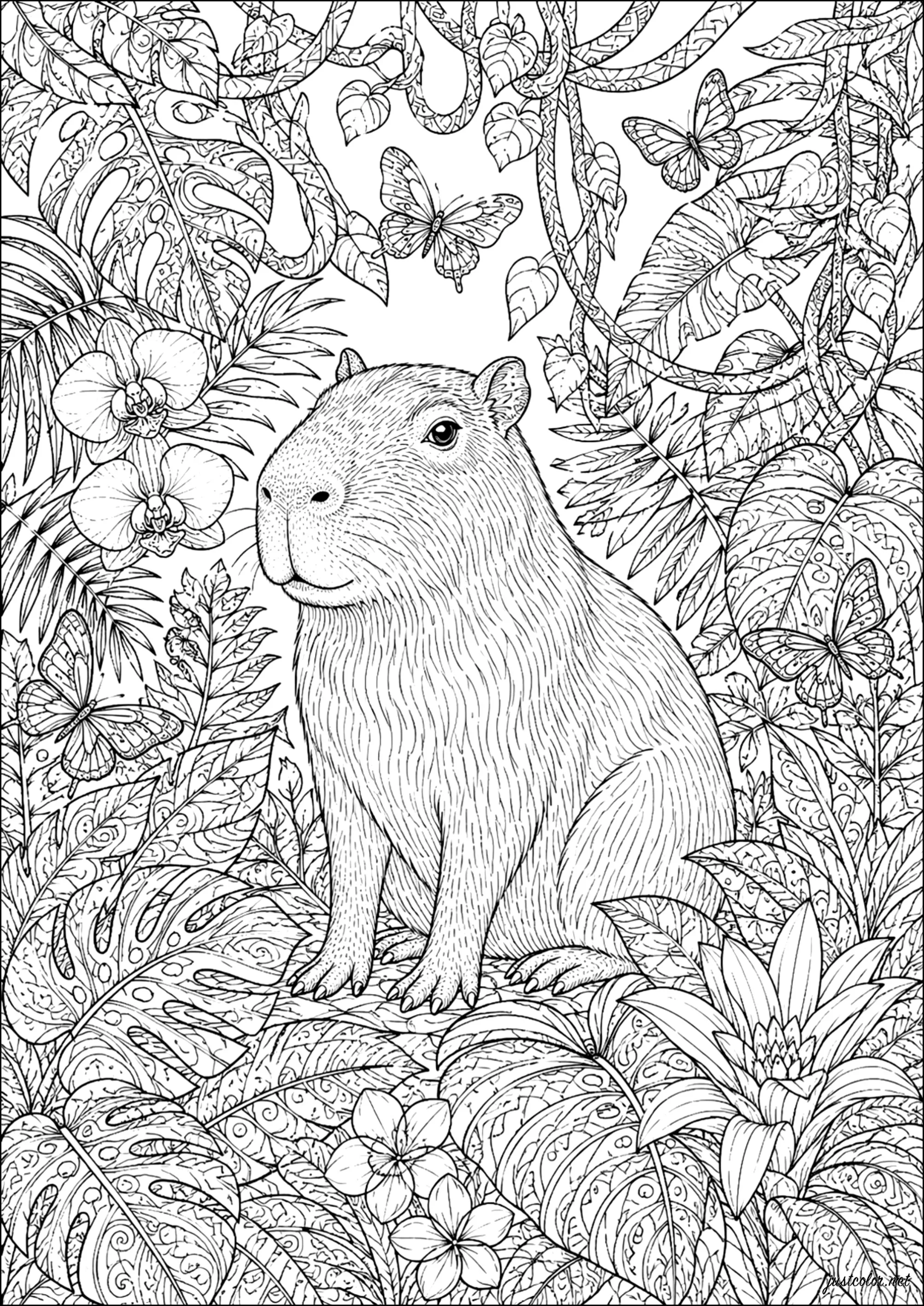 Capibara sentado entre plantas tropicales (Página de Capybara para imprimir para adultos)