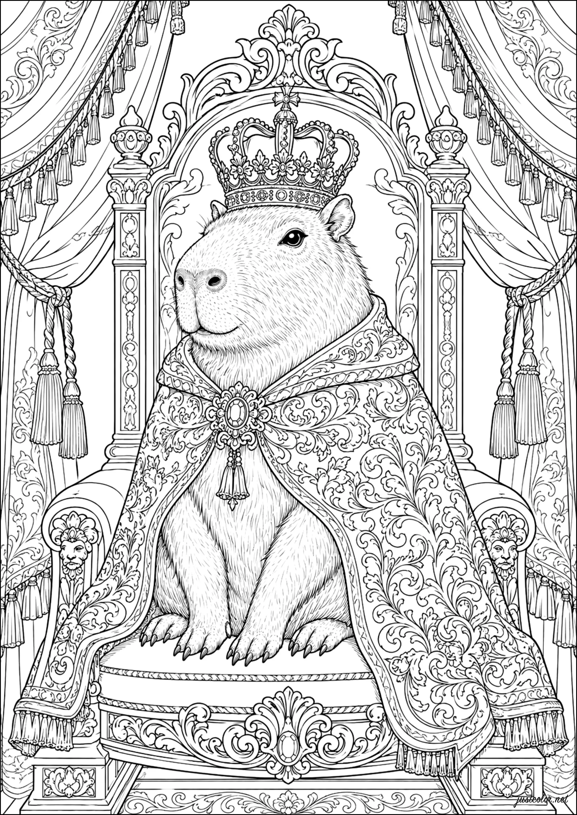 Capibara sentado en un trono con una corona. (Página de Capybara para imprimir para adultos)