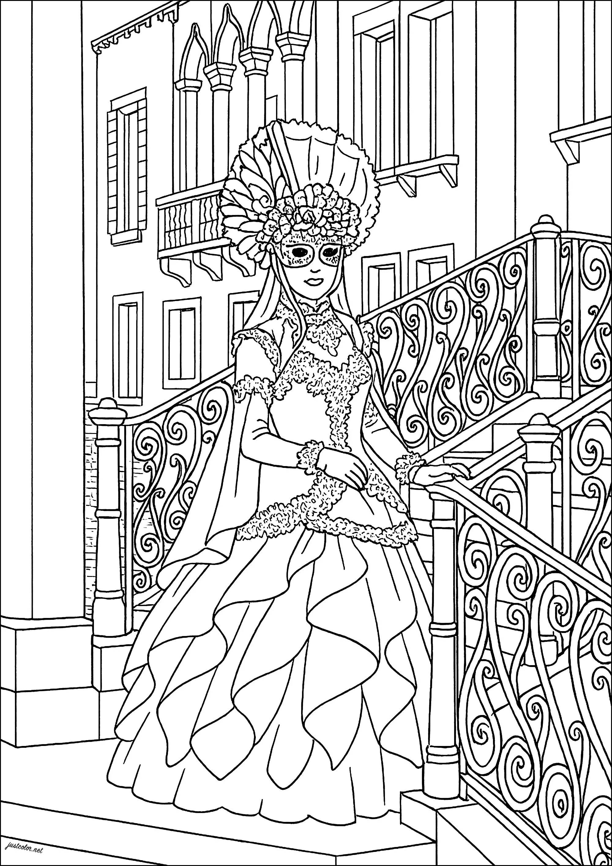Carnavalera de Venecia al pie de un puente (Página de Carnaval para imprimir para adultos)