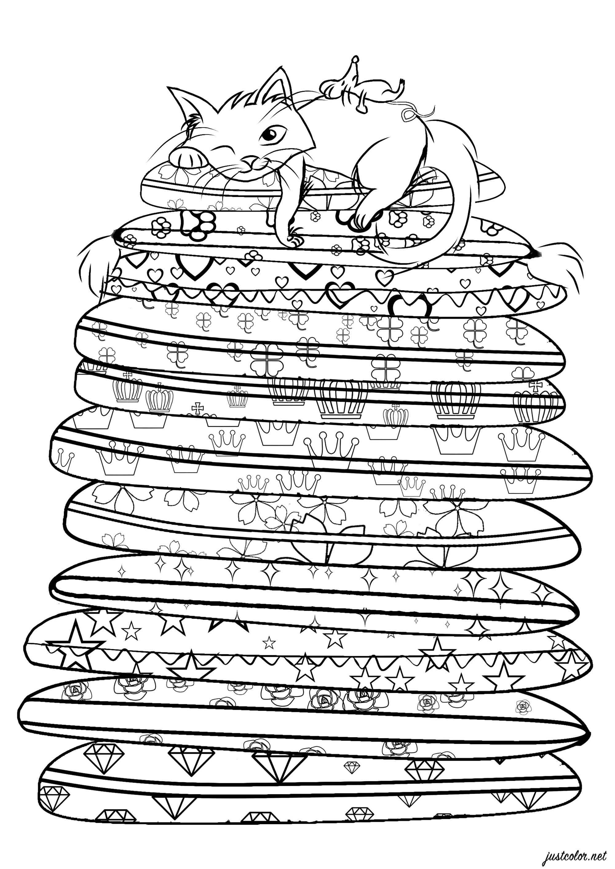 Gato descansando sobre una pila de cojines con varios dibujos para colorear, Artista : Alicia