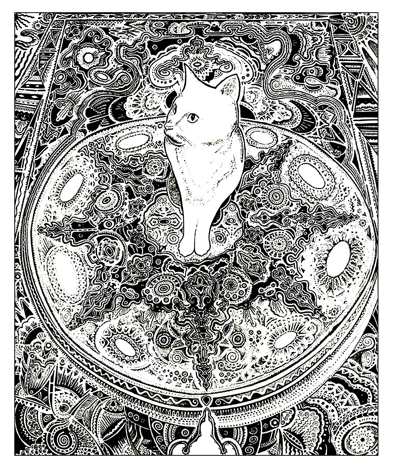 Un gato sobre una bonita alfombra para colorear