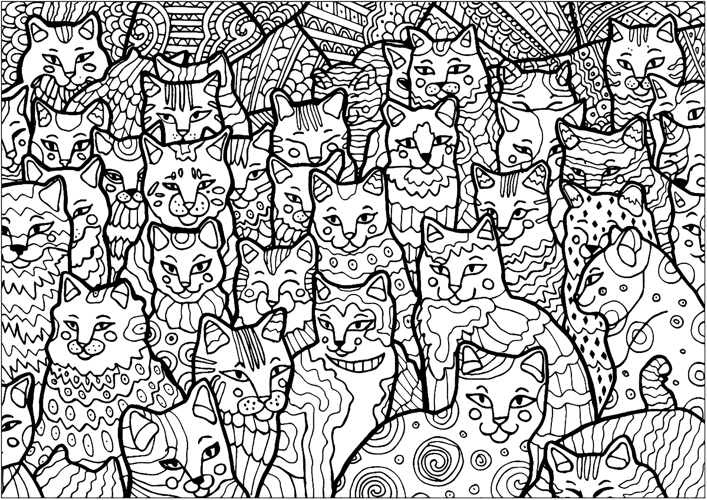 Estos gatos ocupan toda la página, ¡de ti depende colorearlos!. Una coloración bastante compleja, llena de detalles... ¡y de gatos!