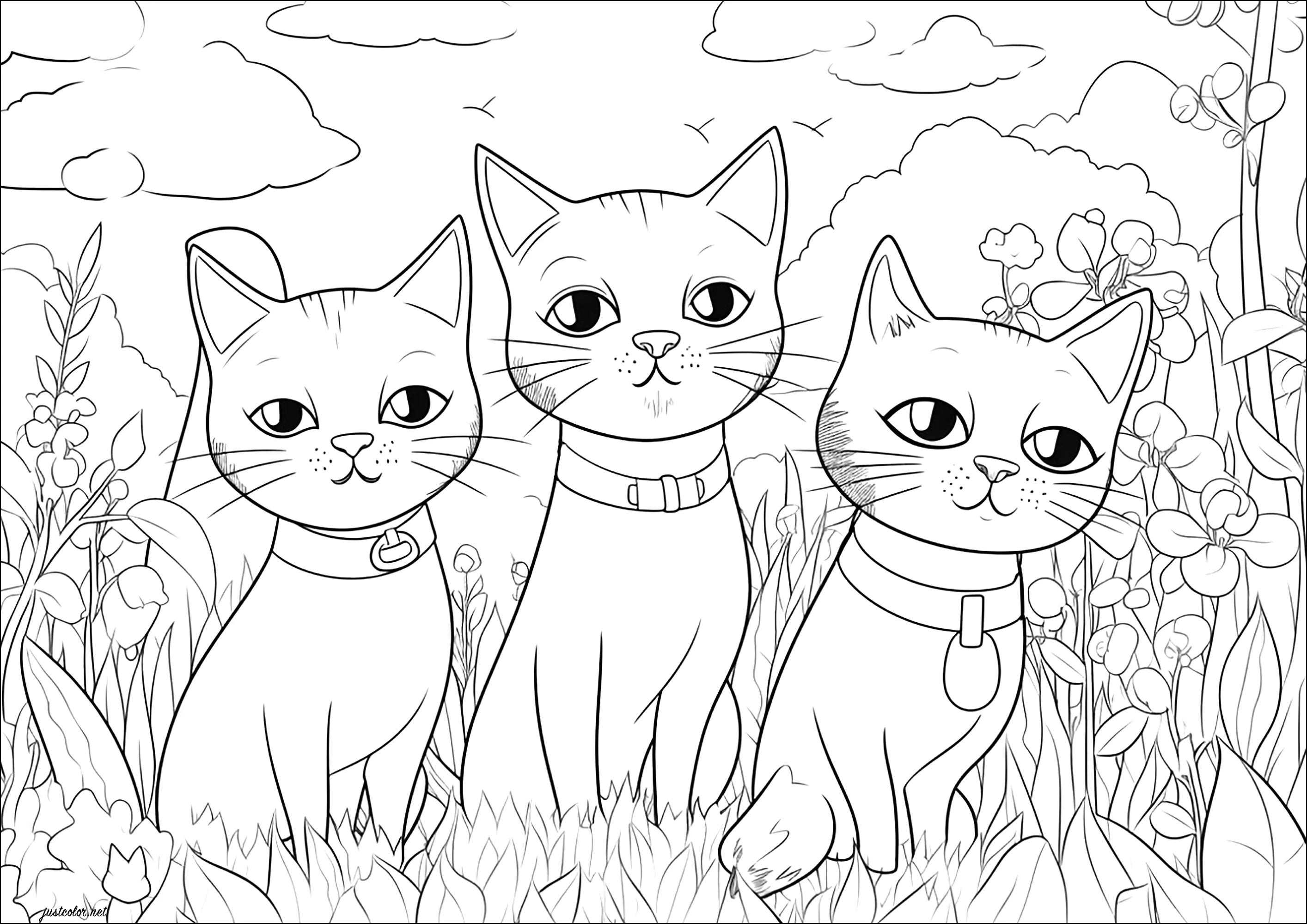 Tres gatos mirándote fijamente (Página para imprimir para adultos)