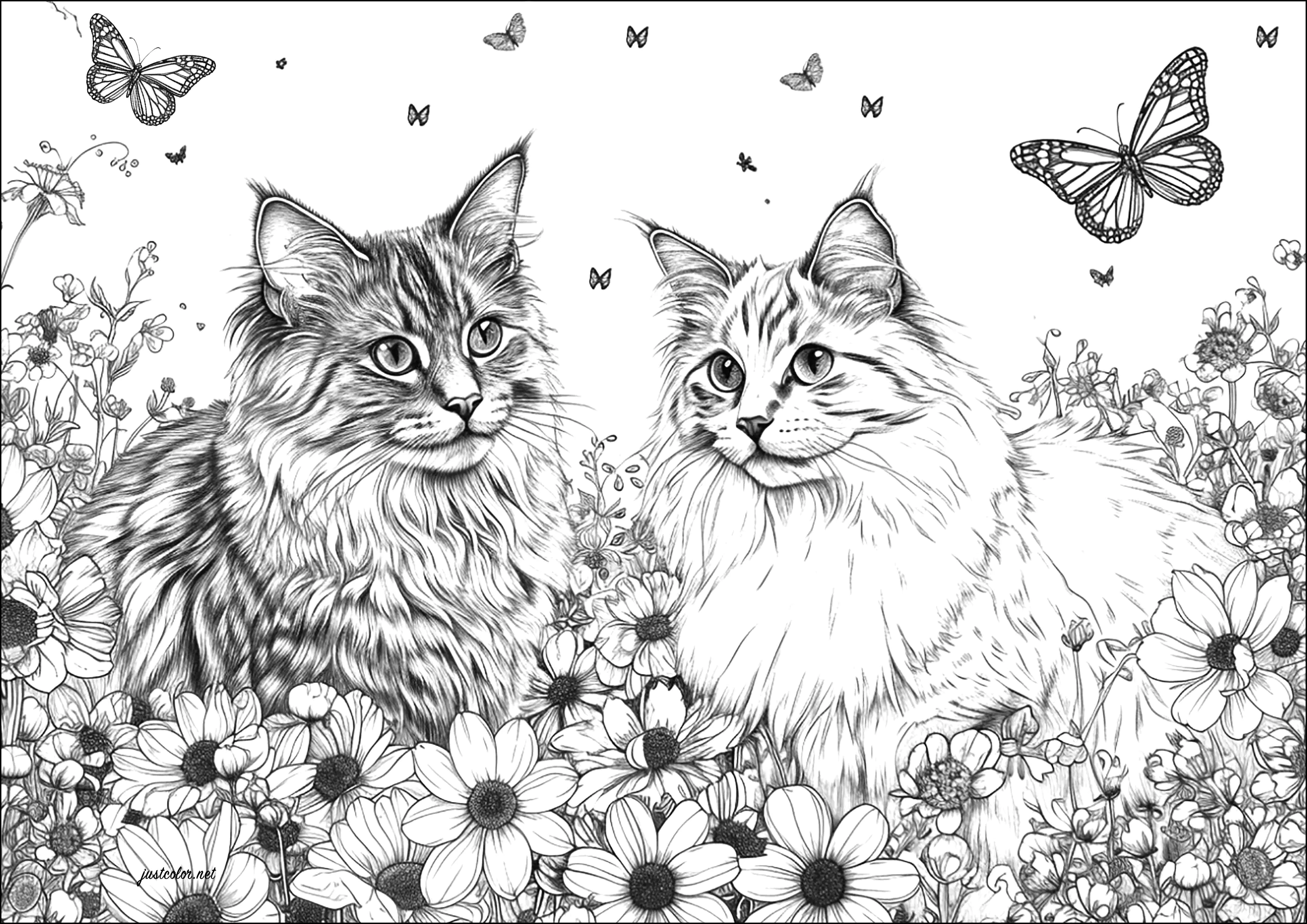 Dos gatos muy realistas con flores y mariposas (Página para imprimir para adultos)