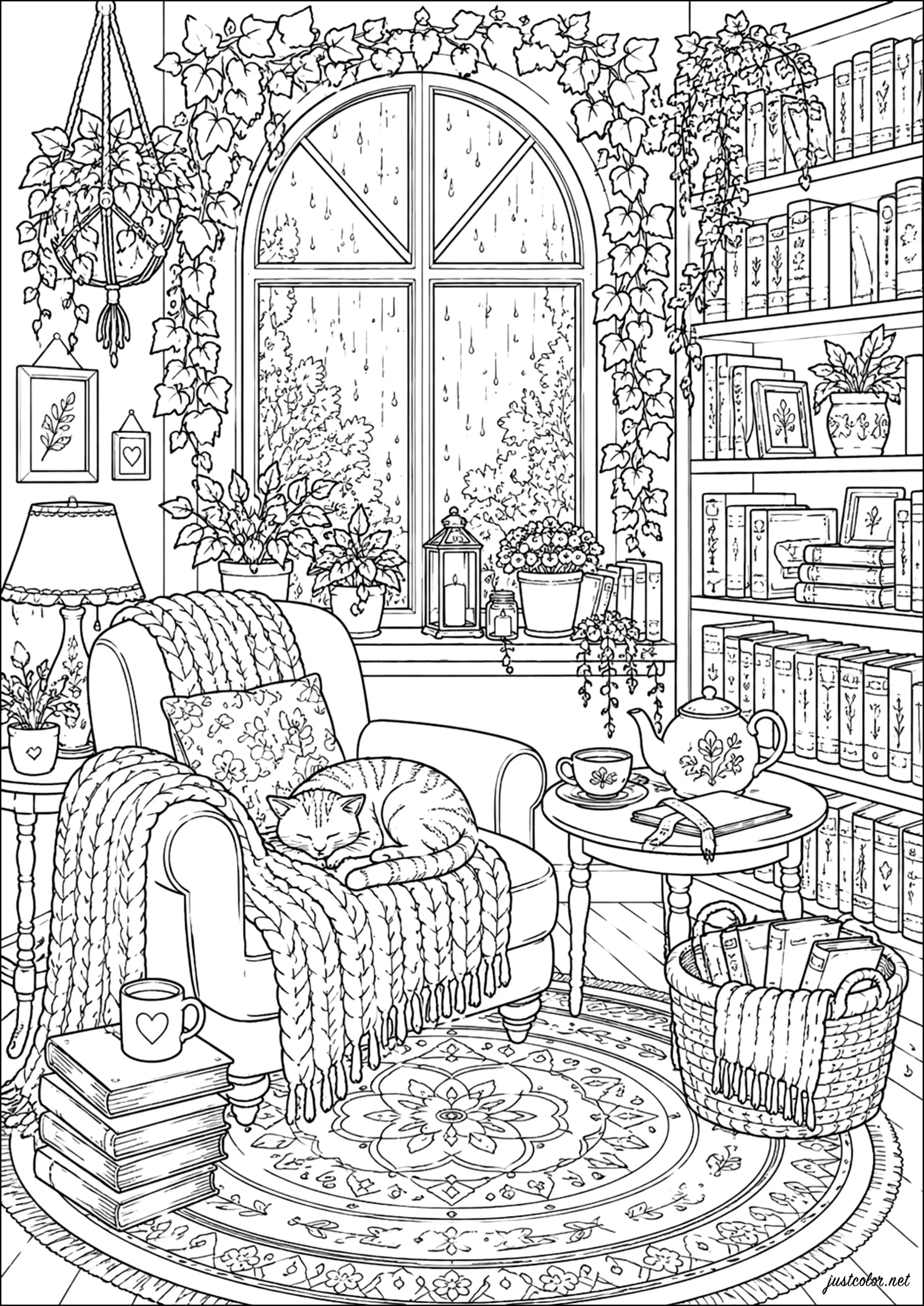Gato dormido en un sillón junto a la ventana (Página para imprimir para adultos)