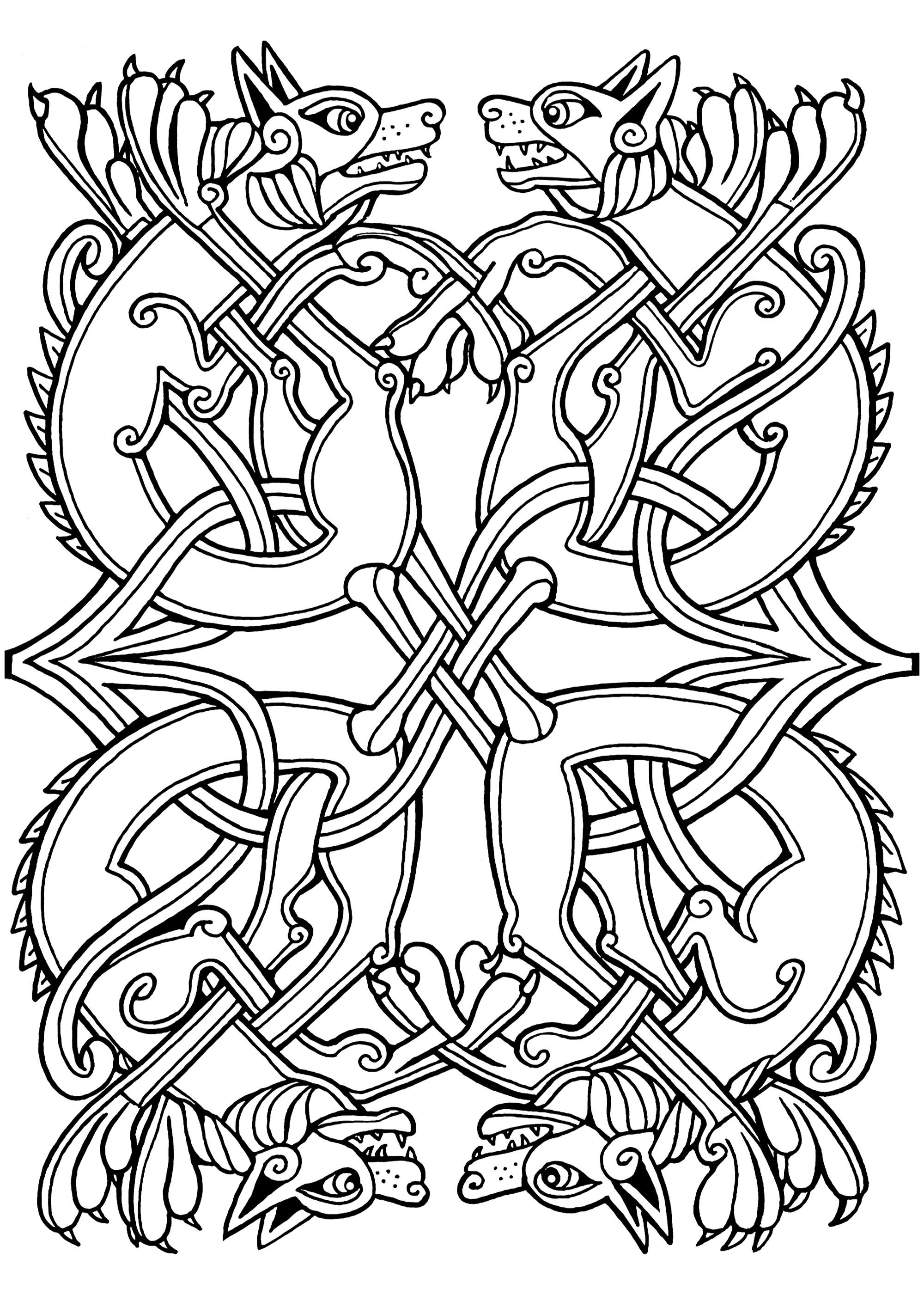 Dibujo celta de perros con motivos celtas entrelazados. Esta ilustración se asemeja a las que aparecen en manuscritos medievales como el Libro de Kells.