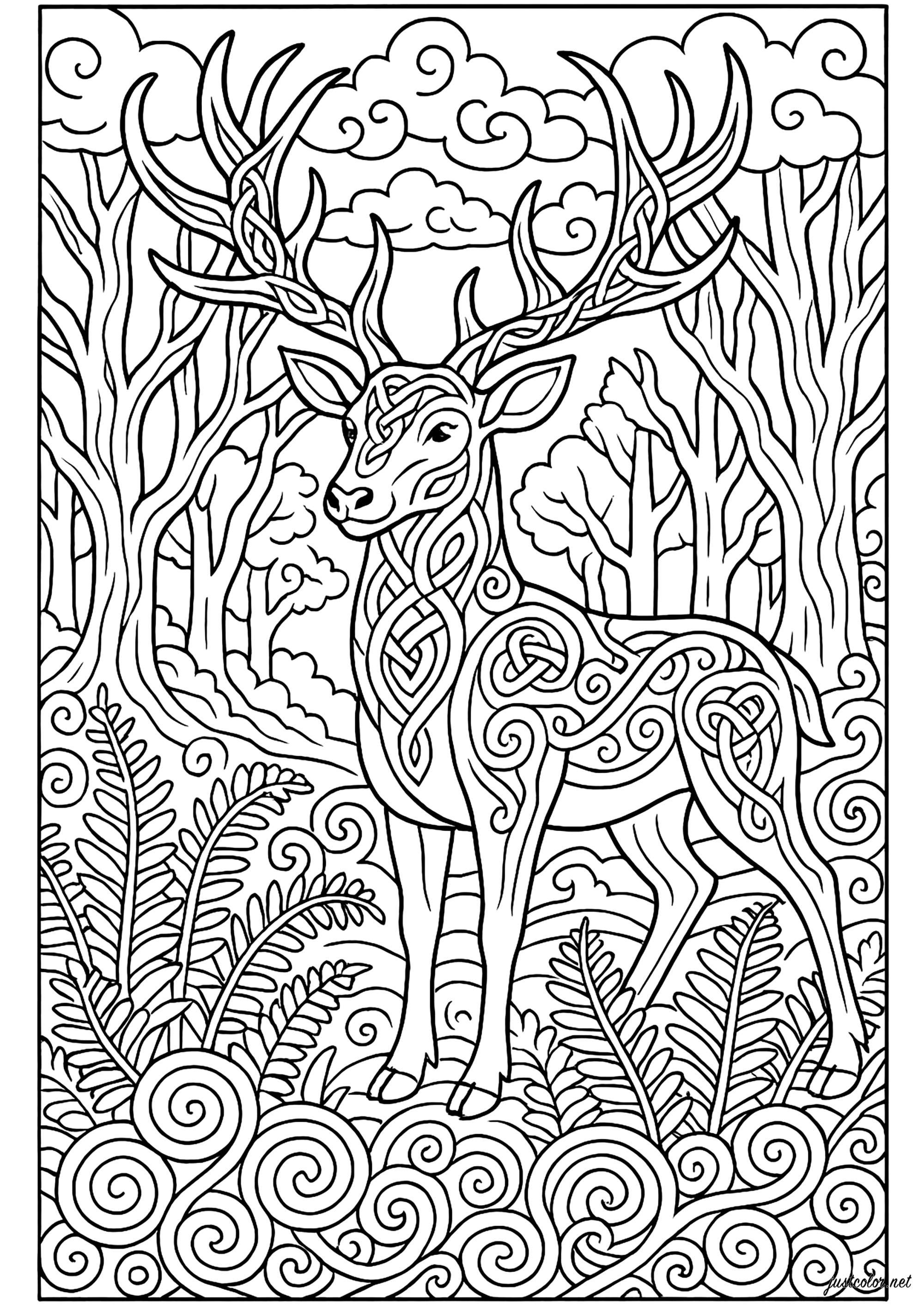 Majestuoso ciervo en el corazón del bosque (Página de El Arte Celta para imprimir para adultos)