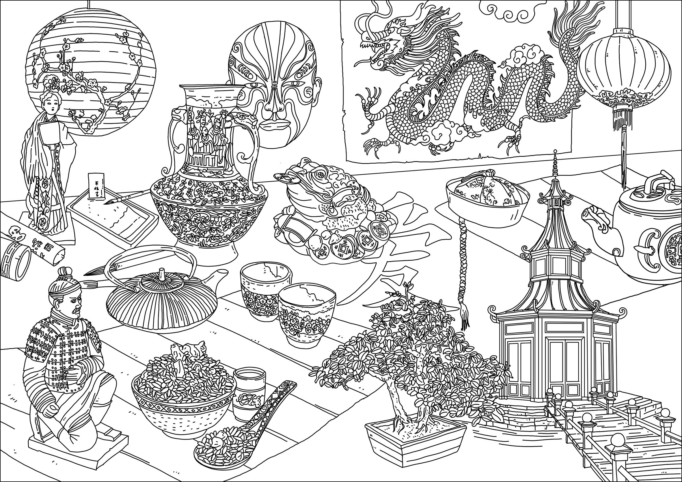 Diferentes símbolos de China. Dragón, estatuas, jarrones, máscaras, bonsáis, comida china.., Artista : Frédéric Brogard