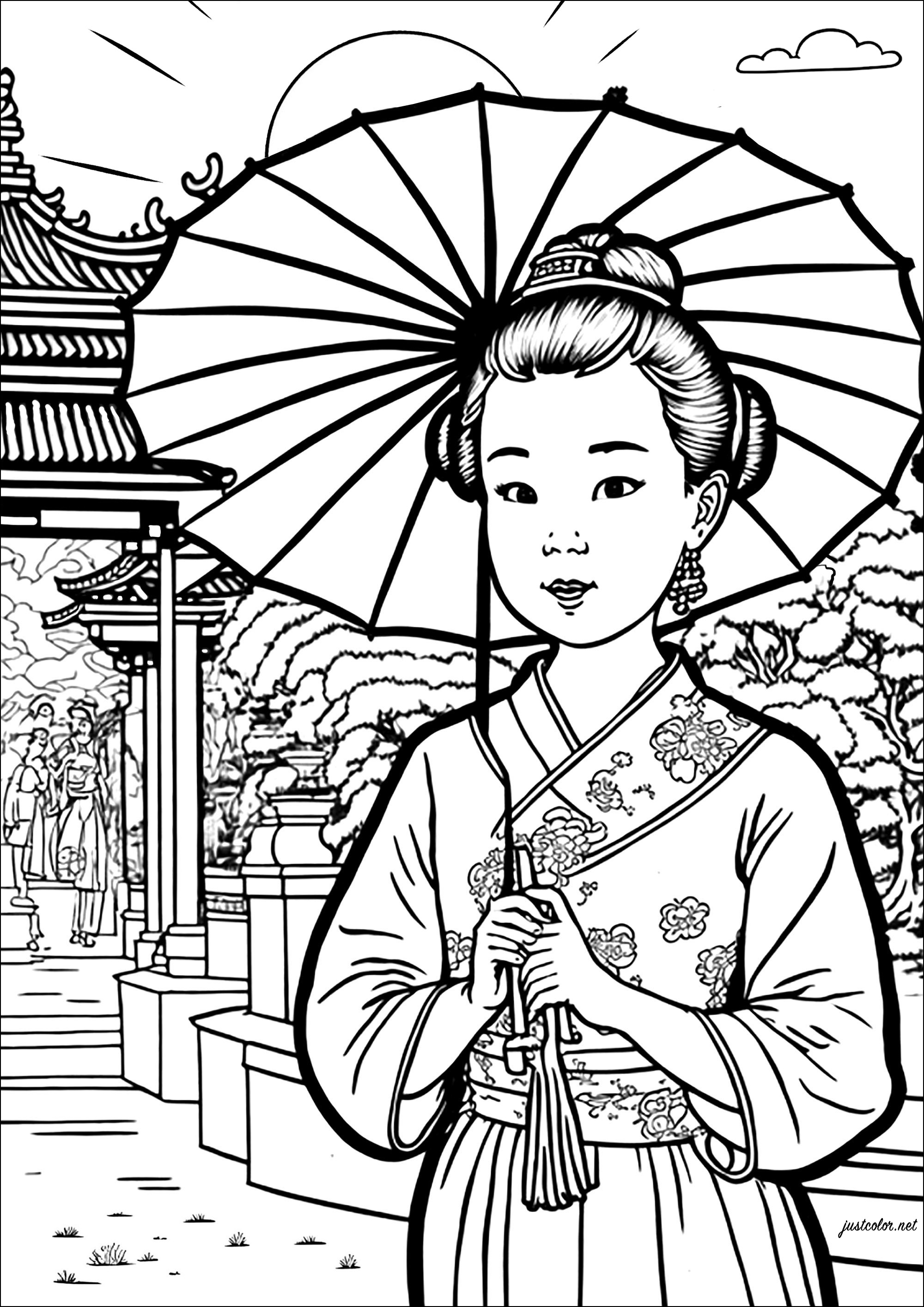 Página para colorear de una joven china con un paraguas. Colorea también el bonito templo y el jardín del fondo de este hermoso dibujo.