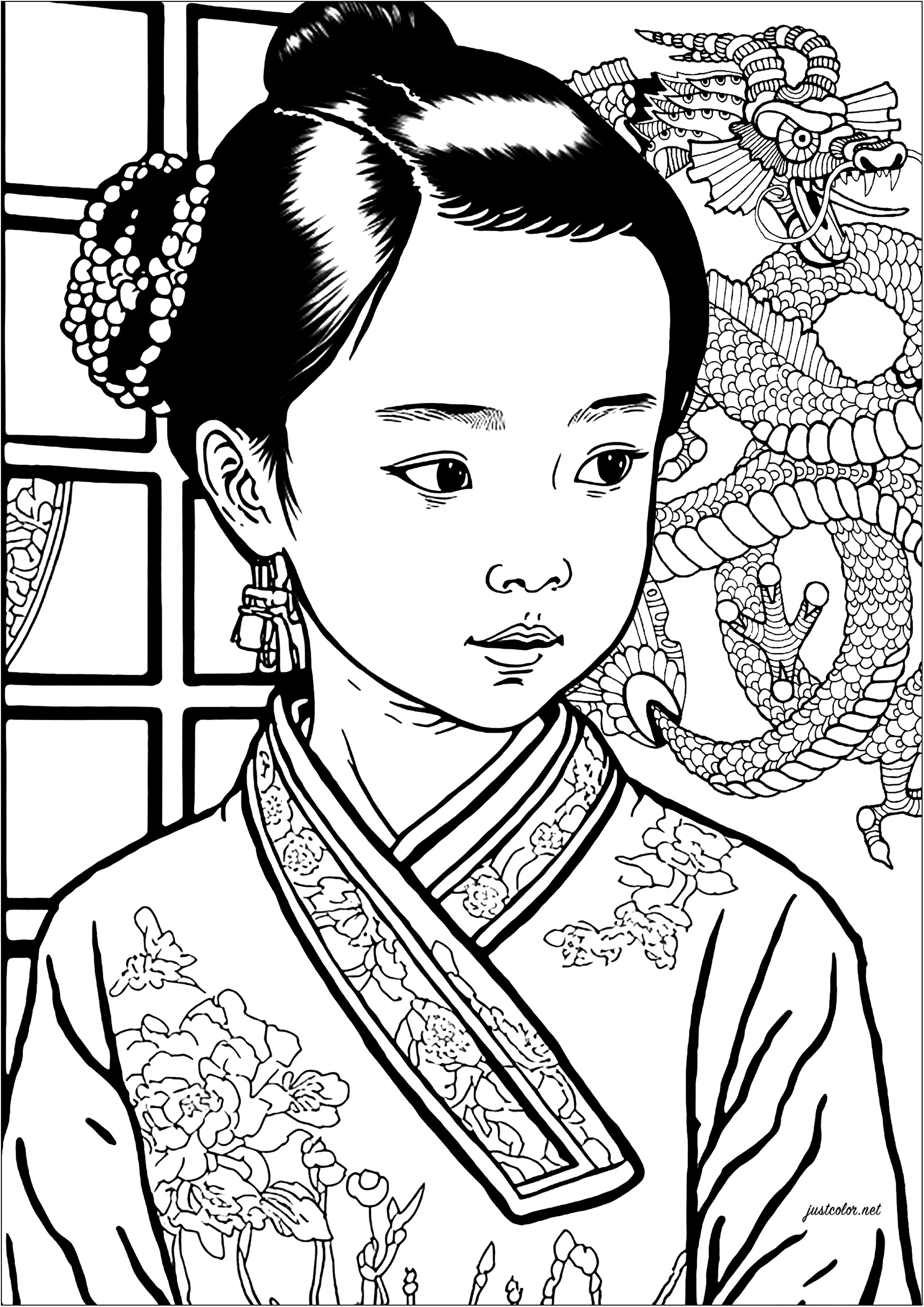 Hermosa página para colorear de una niña china en kimono, con un dragón en el fondo