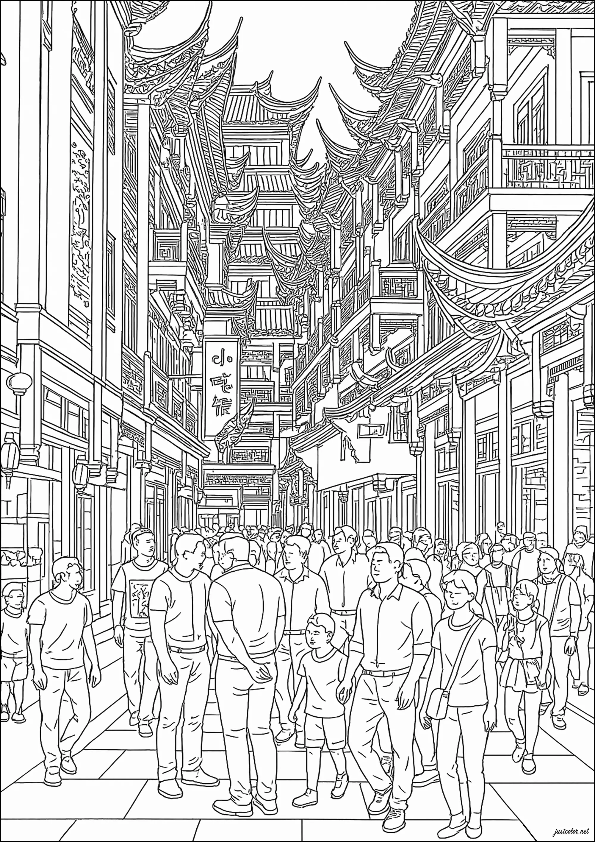 Ajetreada calle de Pekín, rodeada de edificios típicos (Página de China & Asia para imprimir para adultos)