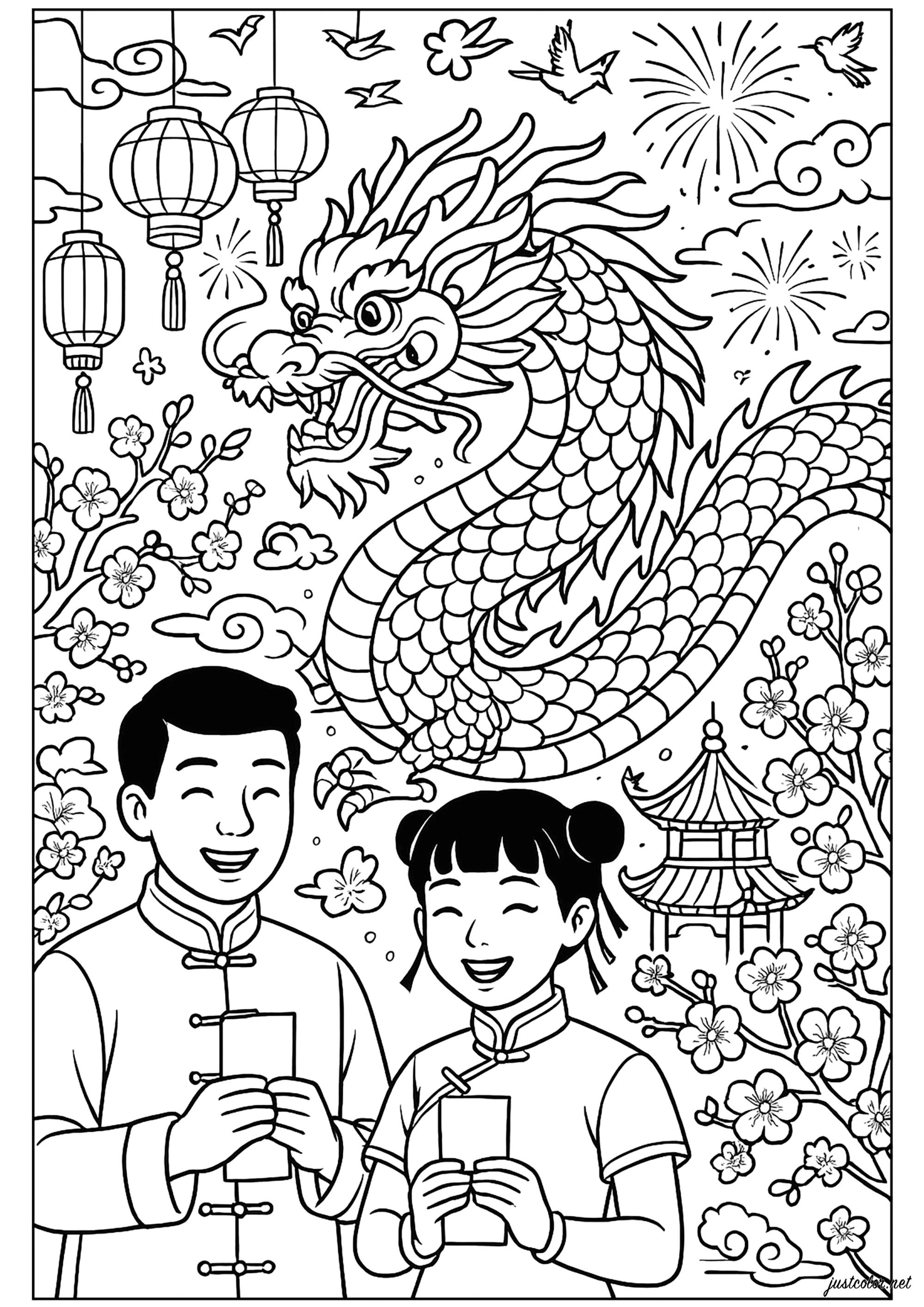 Majestuoso dragón del Año Nuevo Chino (Página para imprimir para adultos)