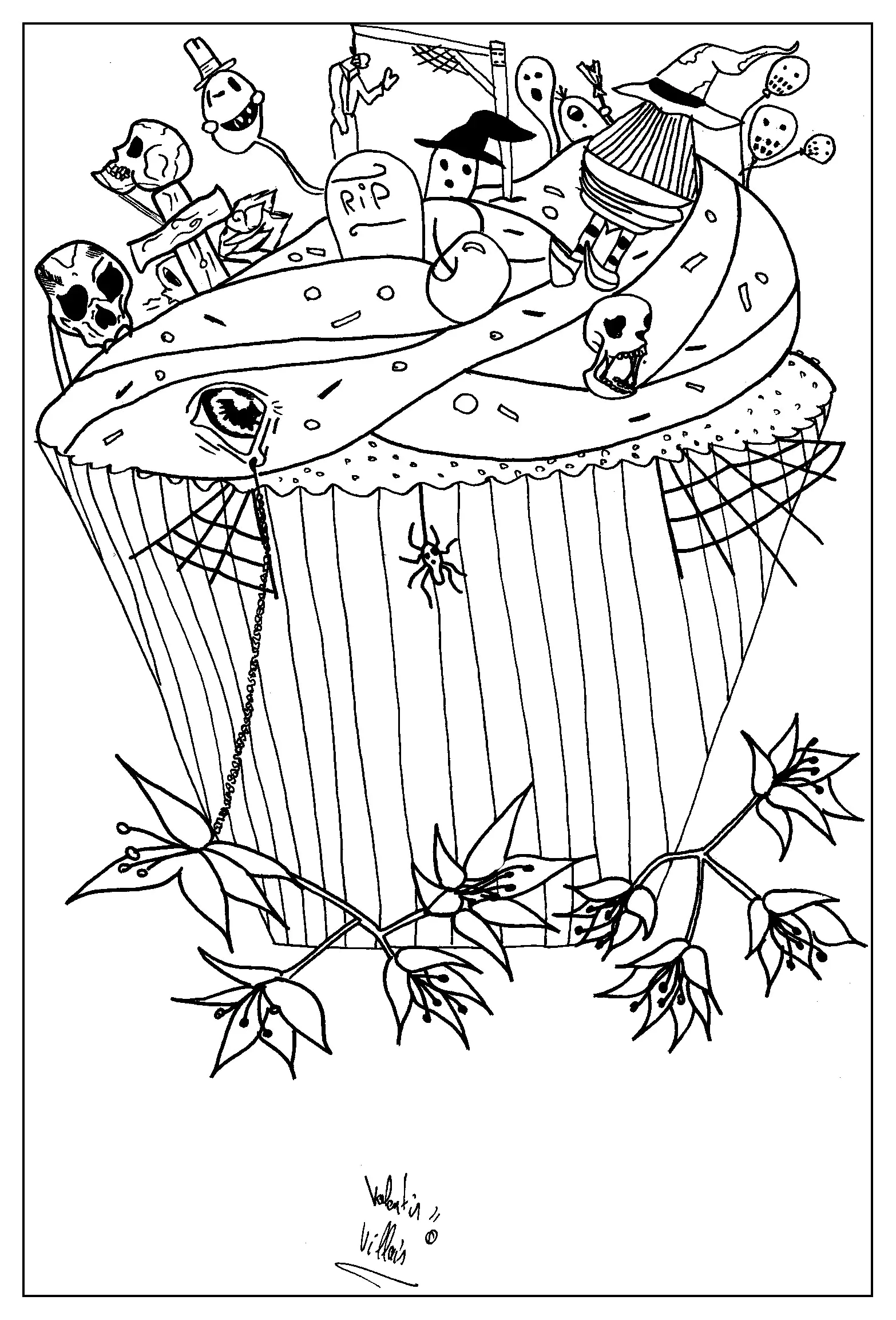 Tarta de Halloween (Página de Cup Cakes para imprimir para adultos)