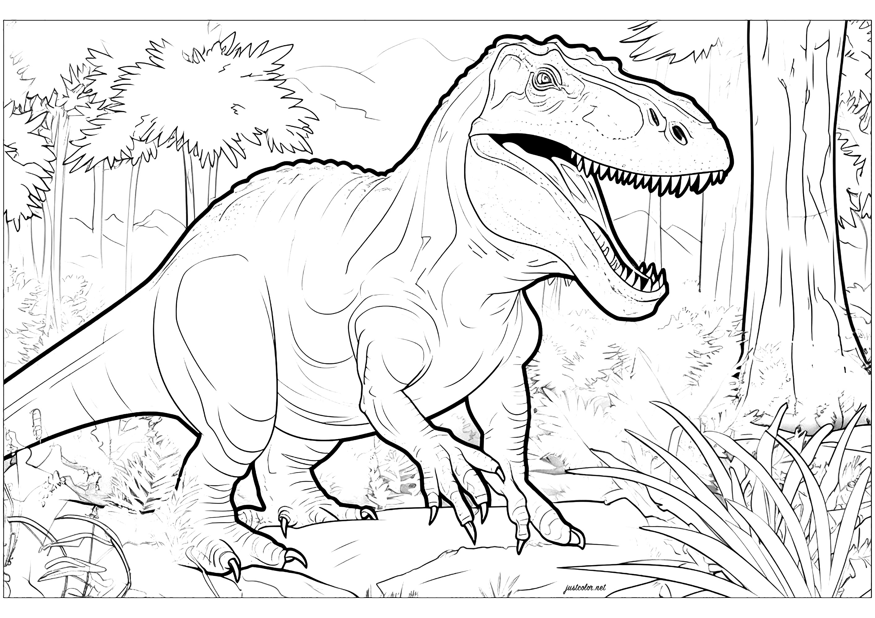 Tiranosaurio en su entorno natural. Colorido realista rico en detalles
