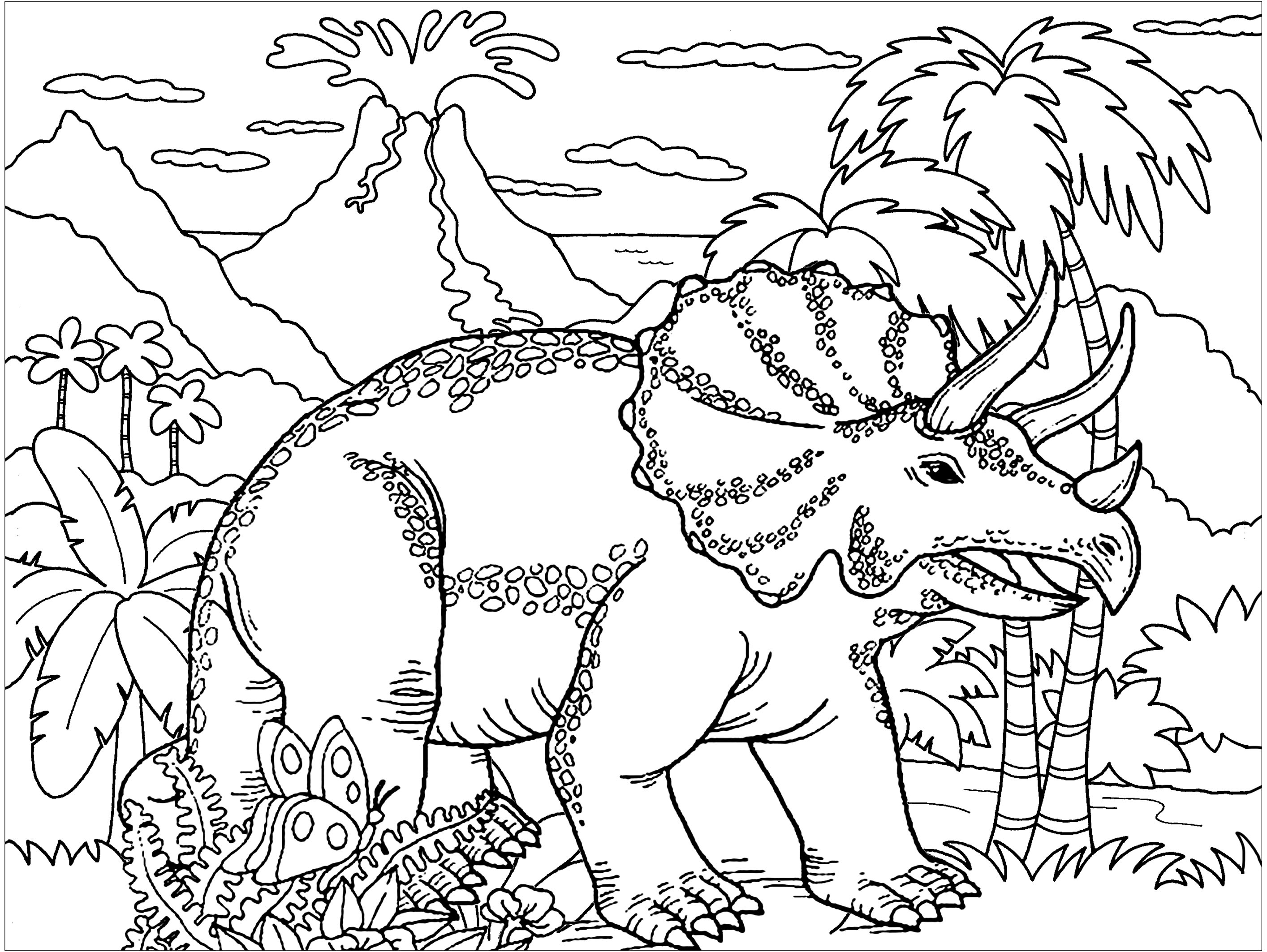 Uno de los dinosaurios más impresionantes: ¡el Triceratops!. El Triceratops tenía uno de los cráneos más grandes de todos los animales terrestres. Su cráneo podía llegar a medir hasta 9 pies de largo y pesar hasta 5 toneladas, lo que es más pesado que algunos coches.Los tres cuernos de su cabeza, incluido uno en la nariz, también eran impresionantes. El cuerno de la frente medía hasta 60 cm y el de la nariz hasta 60 cm.Estos cuernos y el volante se utilizaban probablemente para exhibirse y posiblemente para protegerse, así como para defenderse de los depredadores, Artista : Art'Isabelle