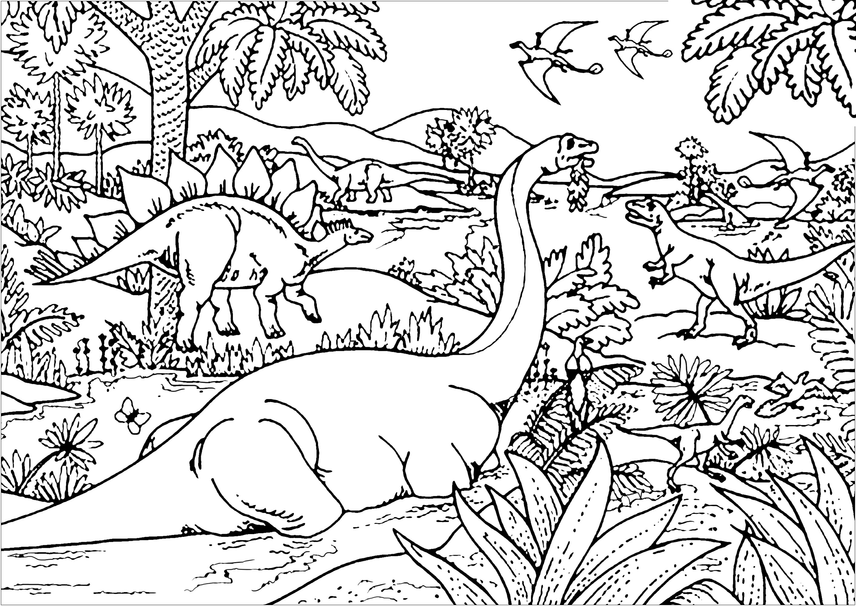 Diferentes tipos de Dinosaurios : Diplodocus, Tiranosaurio, Estegosaurio, Pterodáctilo ... Se han encontrado fósiles de dinosaurios en los siete continentes. Todos los dinosaurios no avianos se extinguieron hace unos 66 millones de años.Se conocen unas 700 especies de dinosaurios extintos, Artista : Art'Isabelle