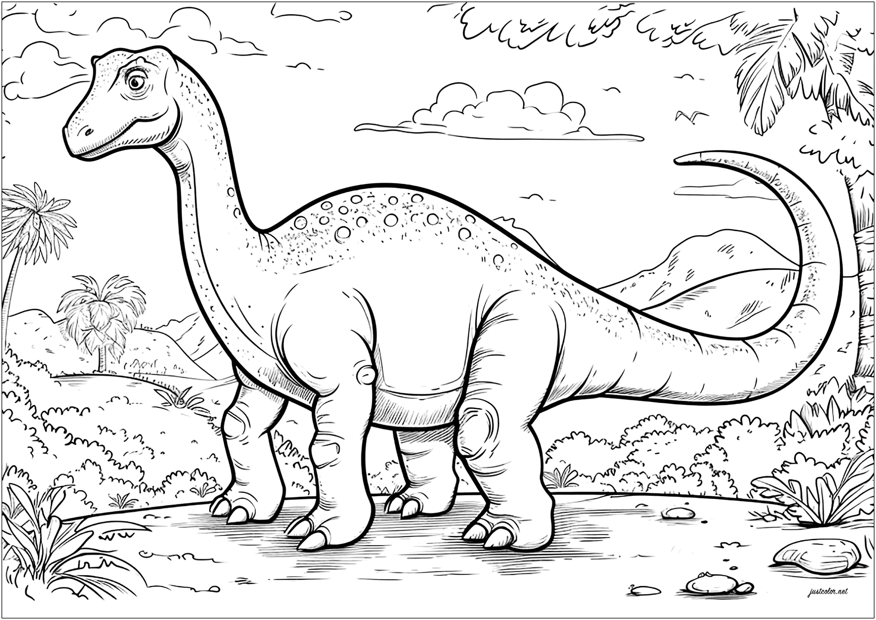 Bonito Diplodocus en un bosque (Página de Dinosaurios para imprimir para adultos)