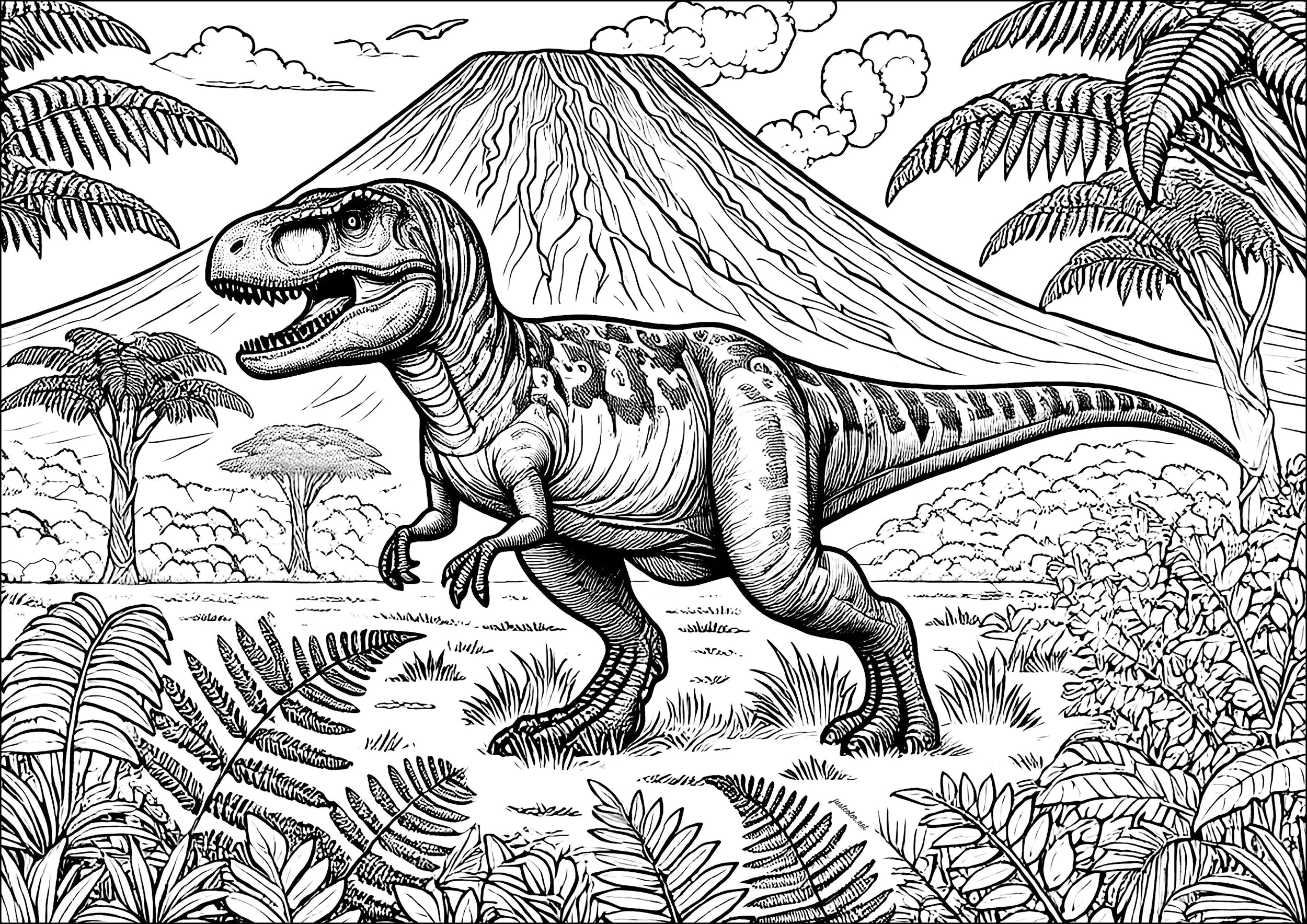 El Tiranosaurio Rex y el volcán: Cuando el gigante de la Prehistoria se enfrenta a la furia de la Tierra (Página de Dinosaurios para imprimir para adultos)